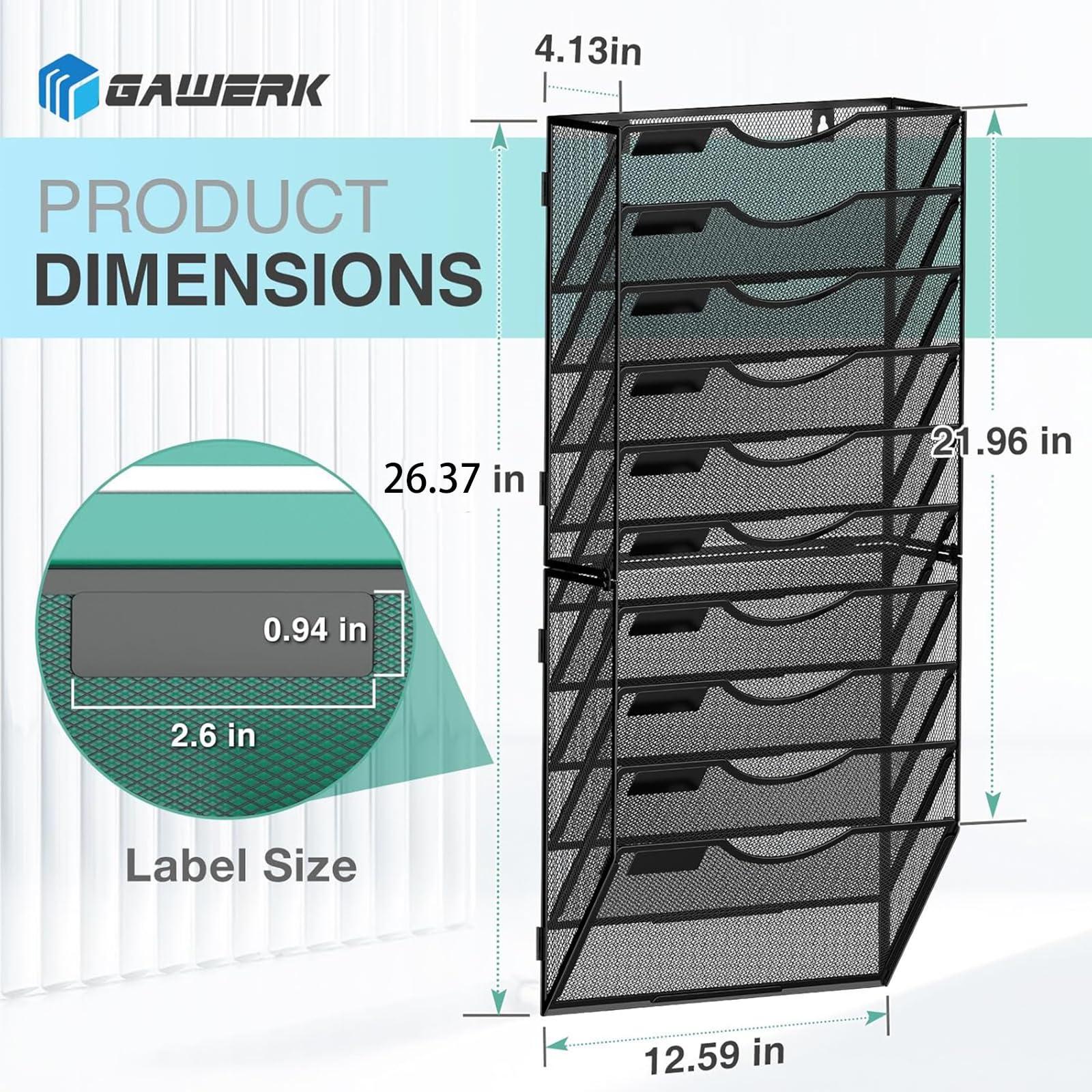 Gawerk 10-Tier Wall File Organizer Hanging Wall File Holder Wall Mount Paper Folder Organize, Mesh