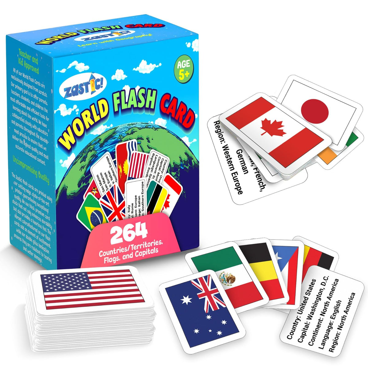 Zastic! 264 World Country Flags Flashcards - Capital, Languages & Continent