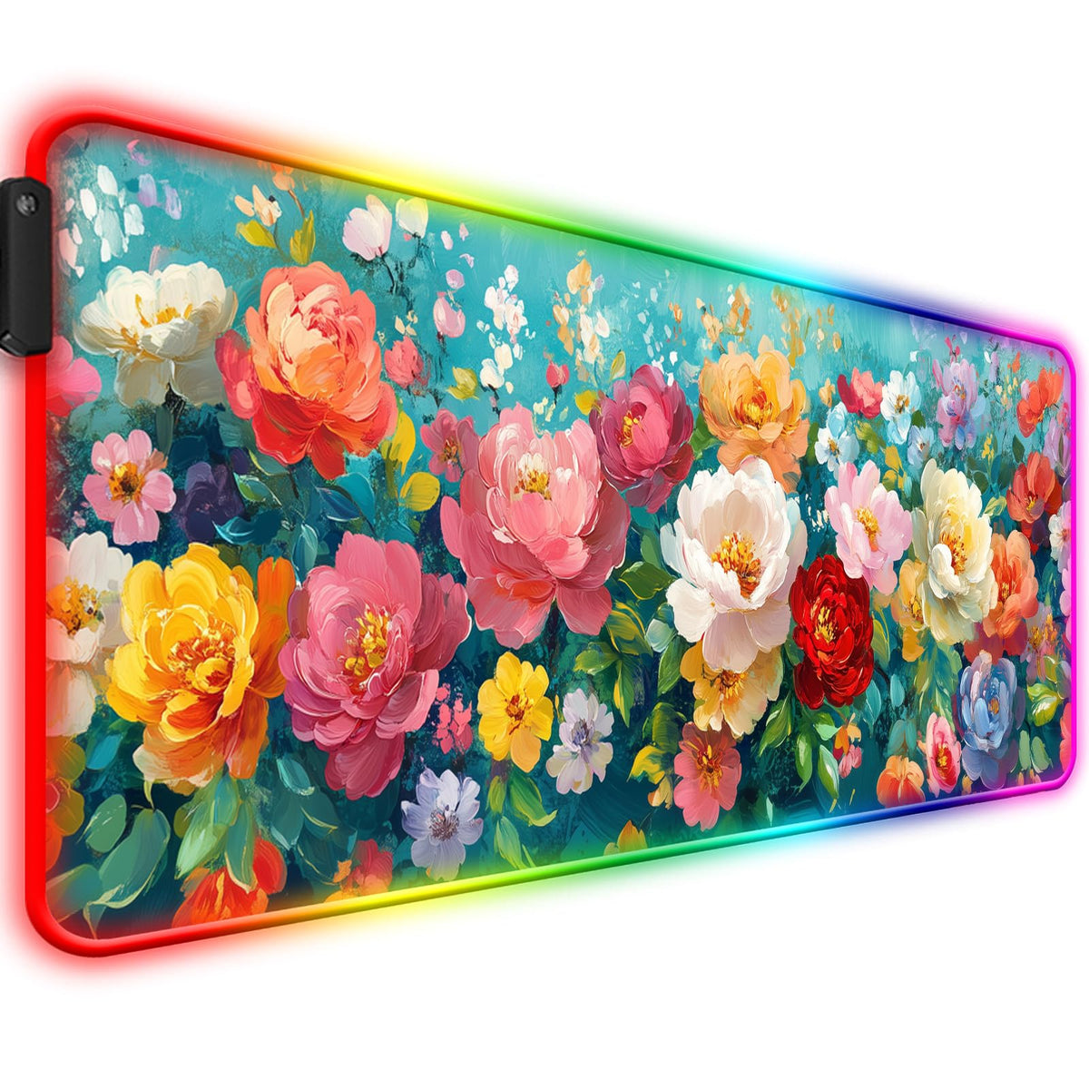 JIANG100 RGB Colorful Flower Peony Gaming Desk Mat & Floral Mouse Pad, XL