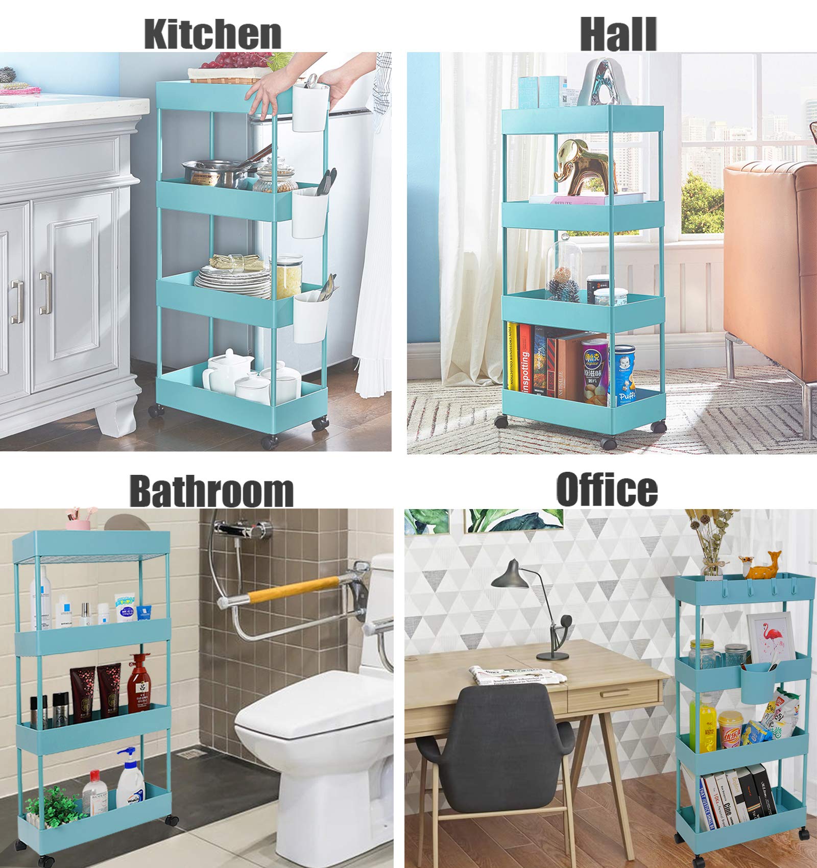 AYVANBER 4 Tier Slim Rolling Utility Kitchen Cart Bathroom Organizer for Narrow Places Multipurpose