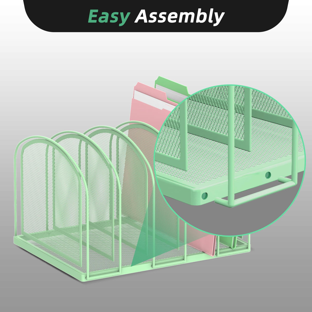 5-Section File Organizer for Desk, Metal File Folder Holder, Mint Green