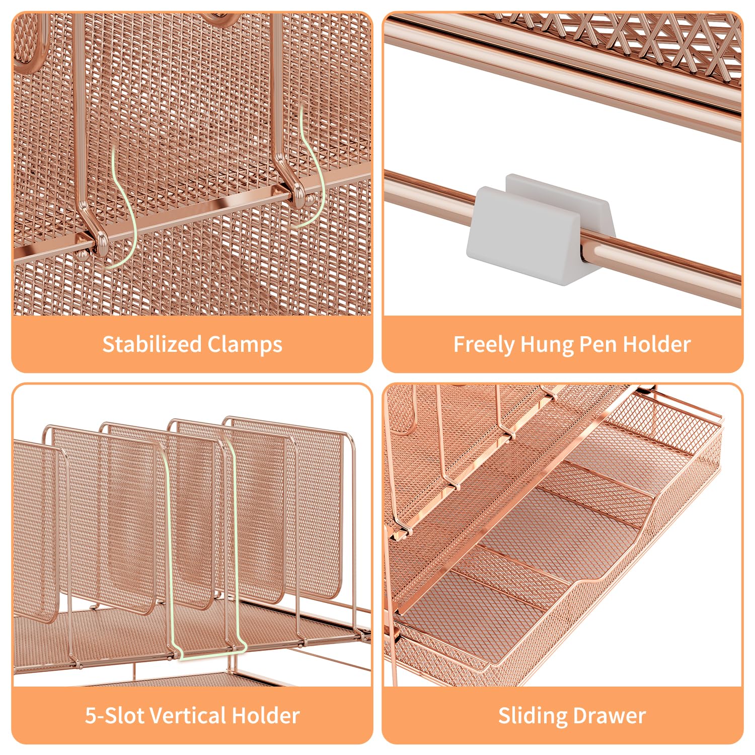 LEKETREE Rose Gold Desk Organizer, Office Organization with Vertical File Holder, File Organizer