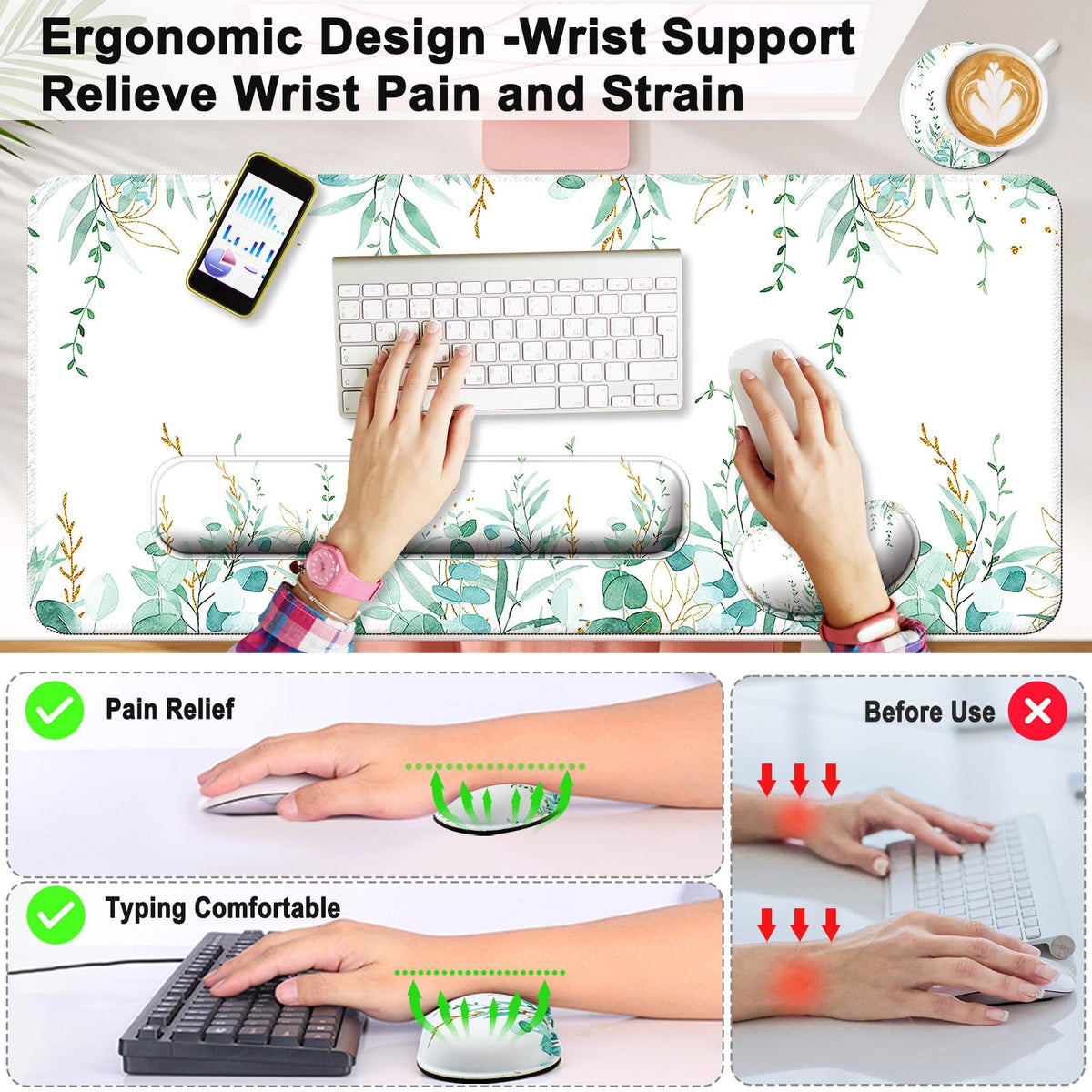 4 in 1 Mouse Pad and Keyboard Wrist Rest,Large Desk Mat,Coaster Set-Tree