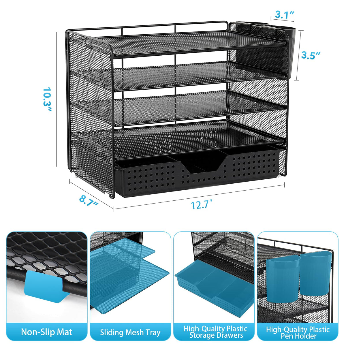 LEKETREE Desk Organizer and Accessories, 5-Tier Paper Letter Tray Organizer with Drawer & 2 Pen
