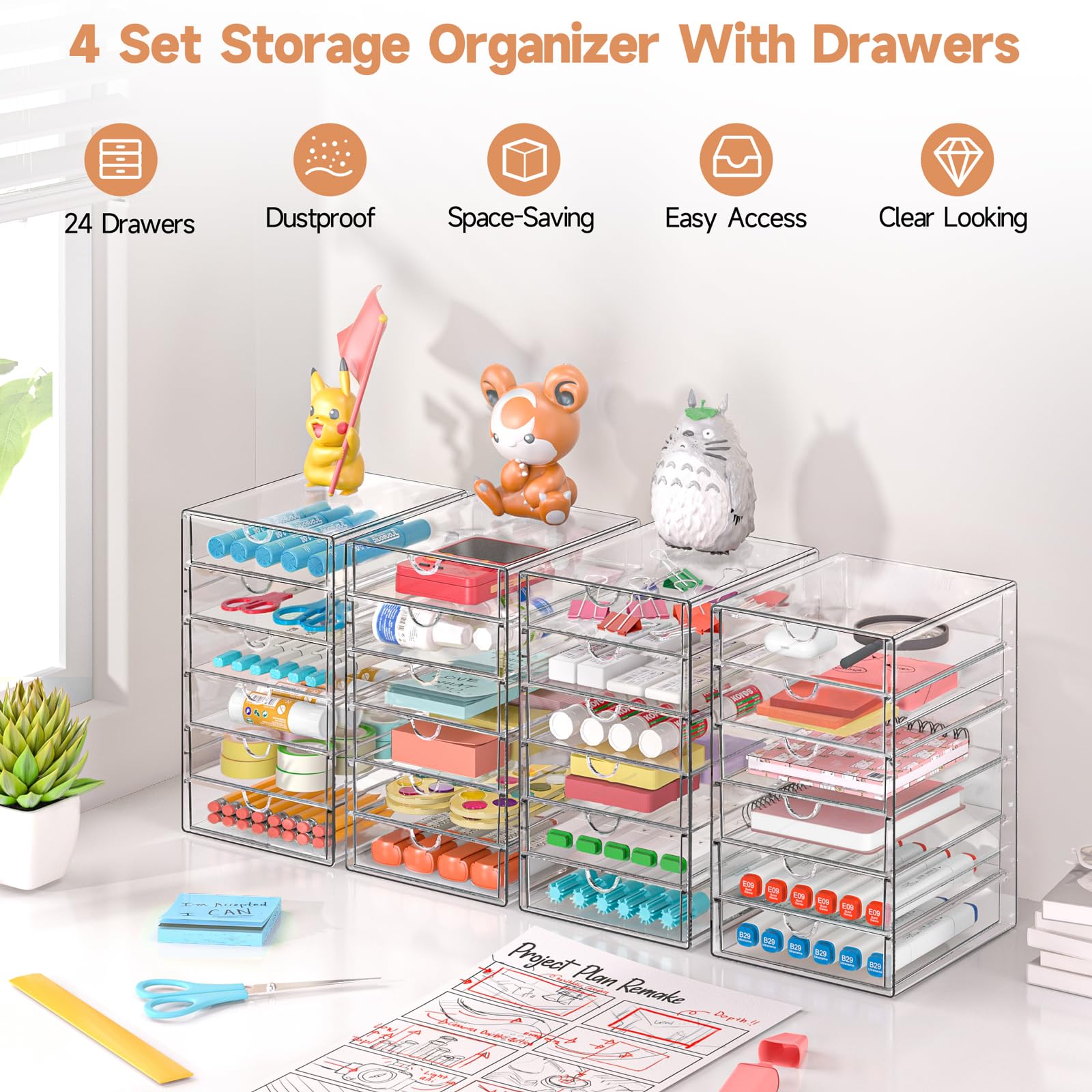 DOMNIU Acrylic Makeup Drawer Storage Organizer with 24 Drawers, 4 Set