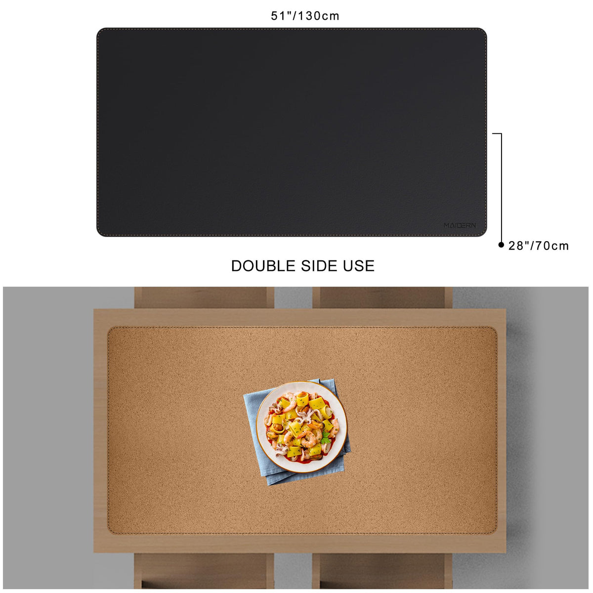 MAIDERN Cork & Leather Desk Mat, 51.2” x 27.5” Reversible Desk Pad (Black)