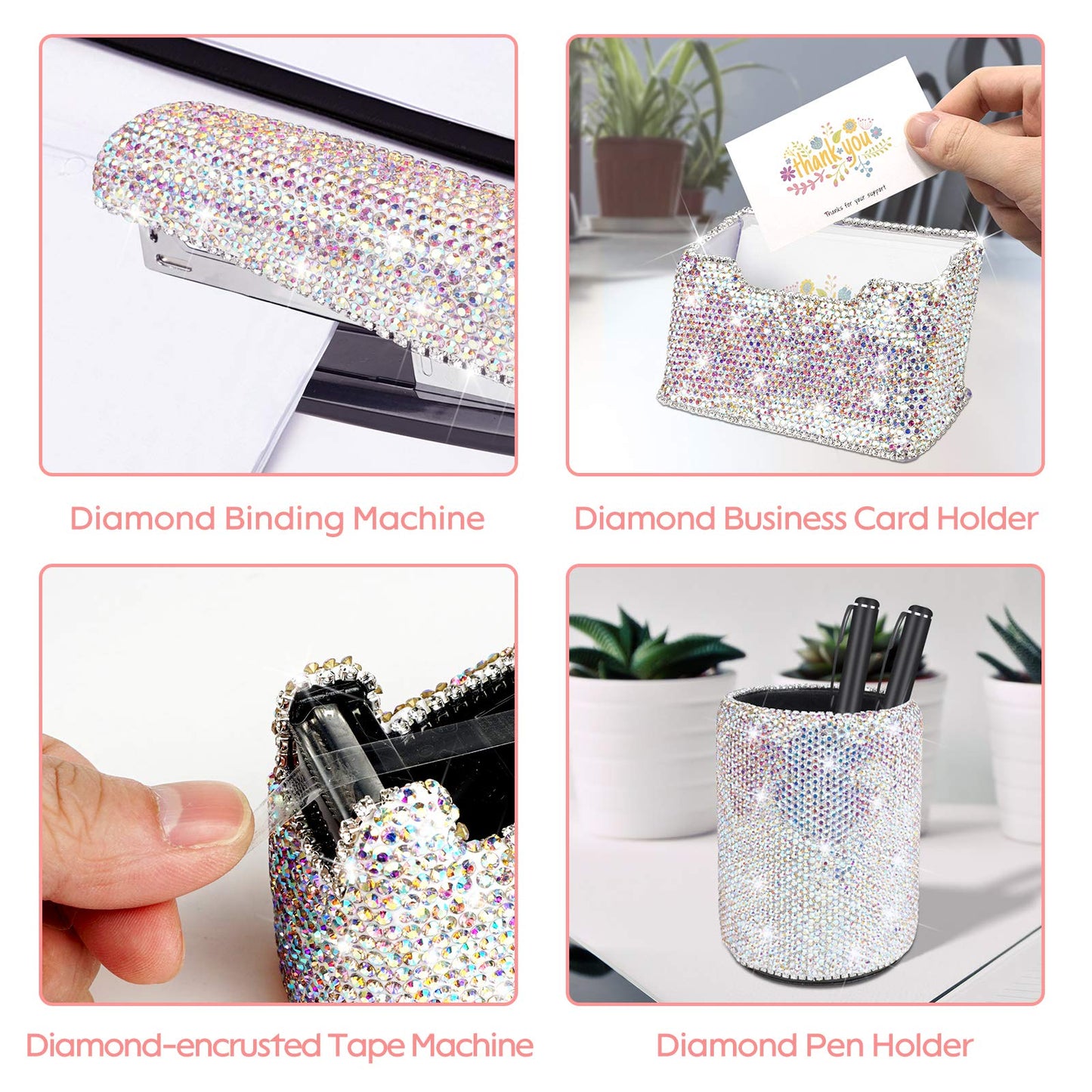Bling Crystal Luxury Handmade Diamond Round Pencil Pen Pot Holder & Stapler & Card Holder & Desktop