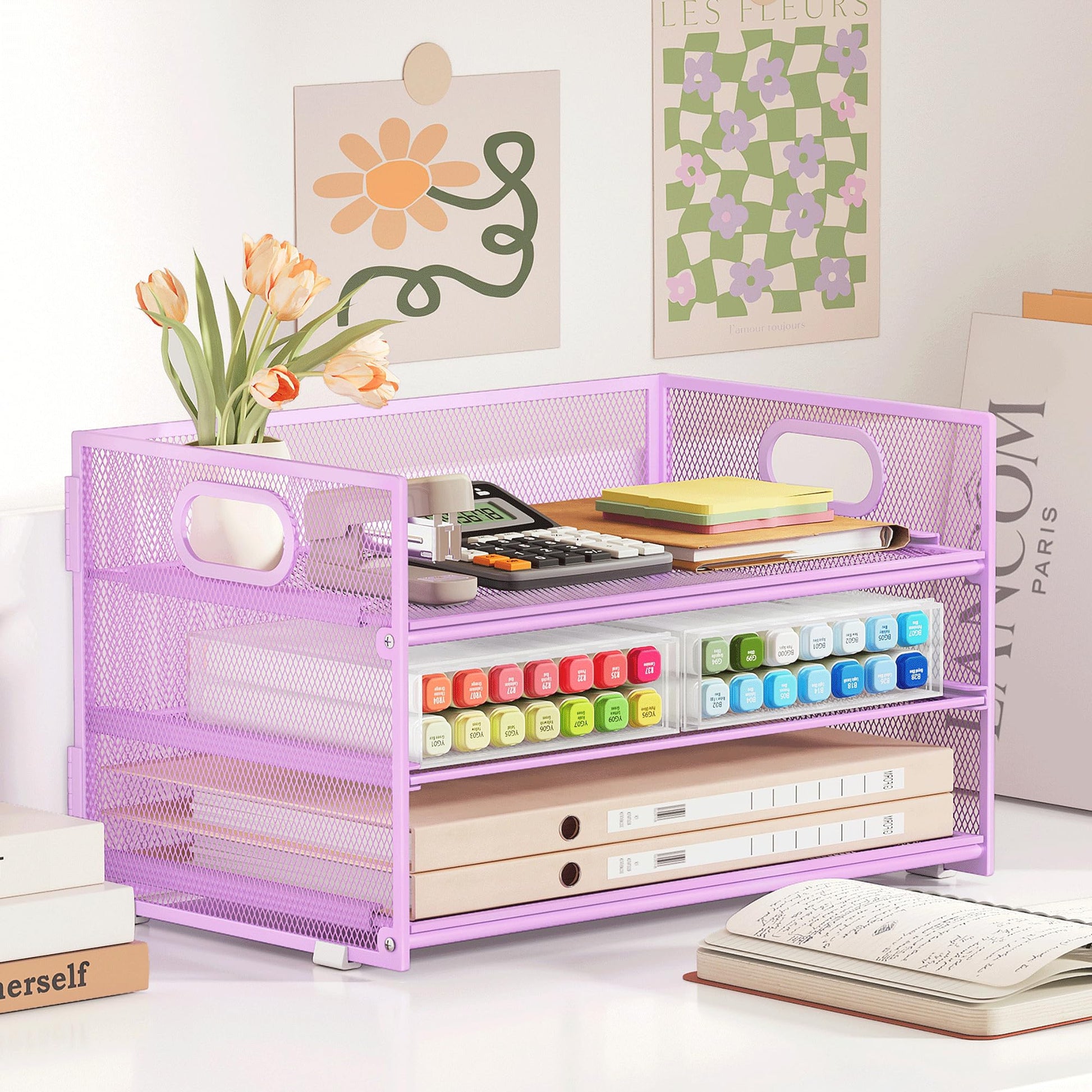Subekyu 3 Tier Letter Tray Paper Organizer with Handle and 1 PC Sliding Tray, Purple Metal Mesh