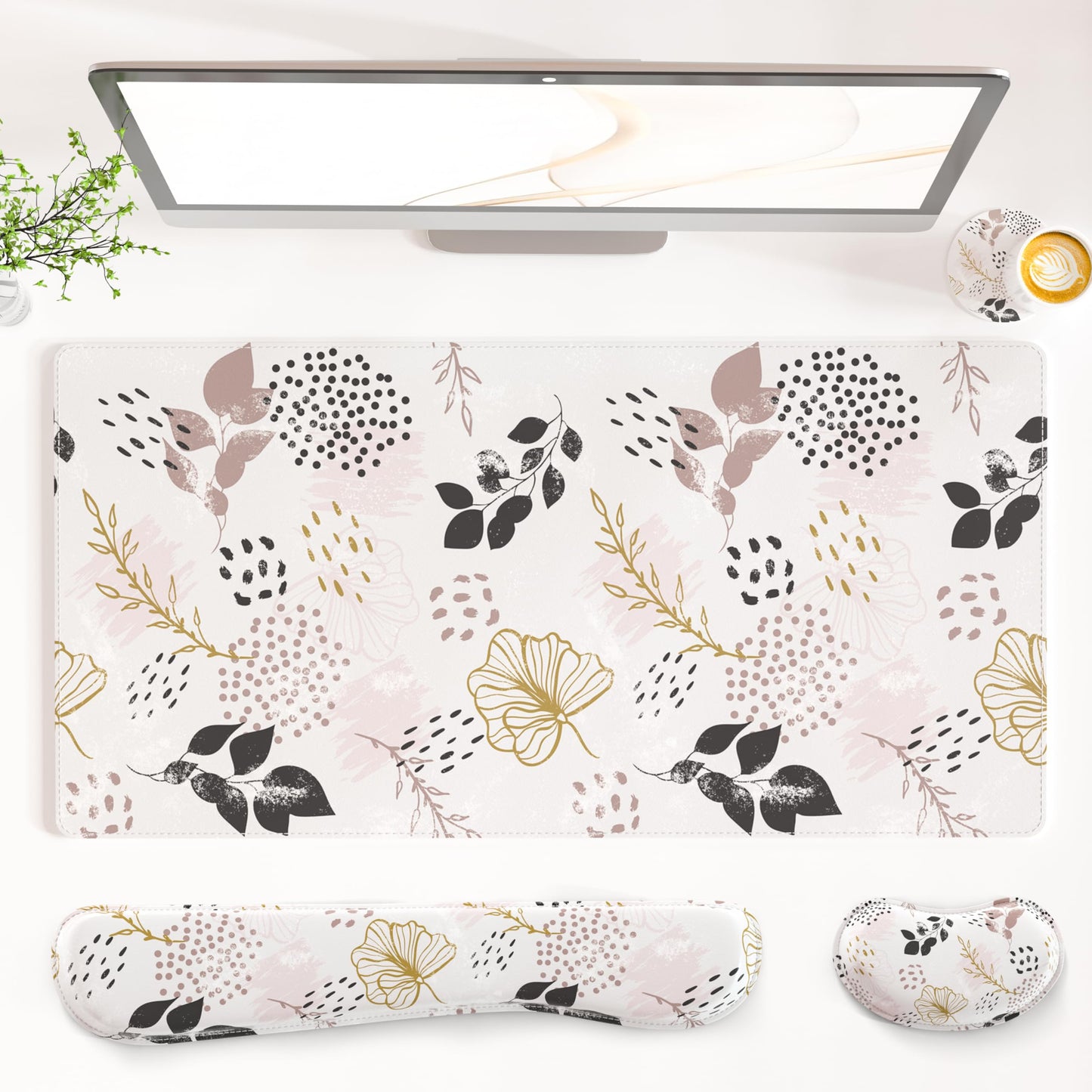 QiyI PU Leather Desk Mat Set, 4-in-1 Ergonomic Wrist Rest, Botanical Leaf