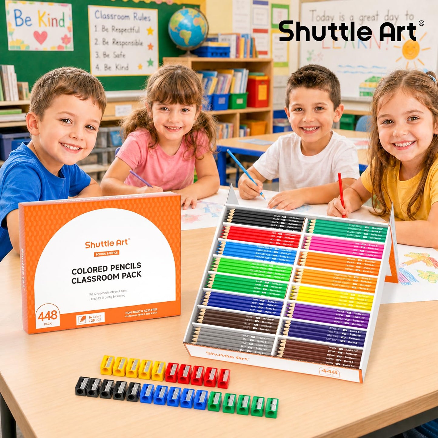 Shuttle Art 448 PCS Colored Pencils Bulk, 16 Colors, Pre-sharpened for Kids