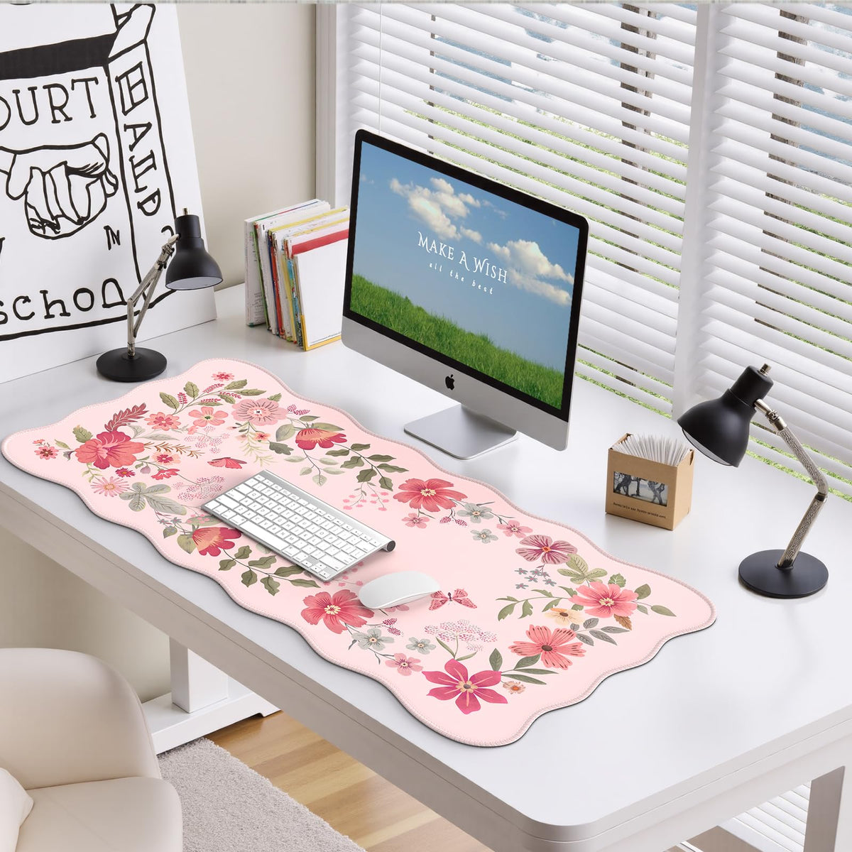 HAOCOO Floral Desktop Mat with Scalloped Edge, XL Computer Pad(Hot Pink)