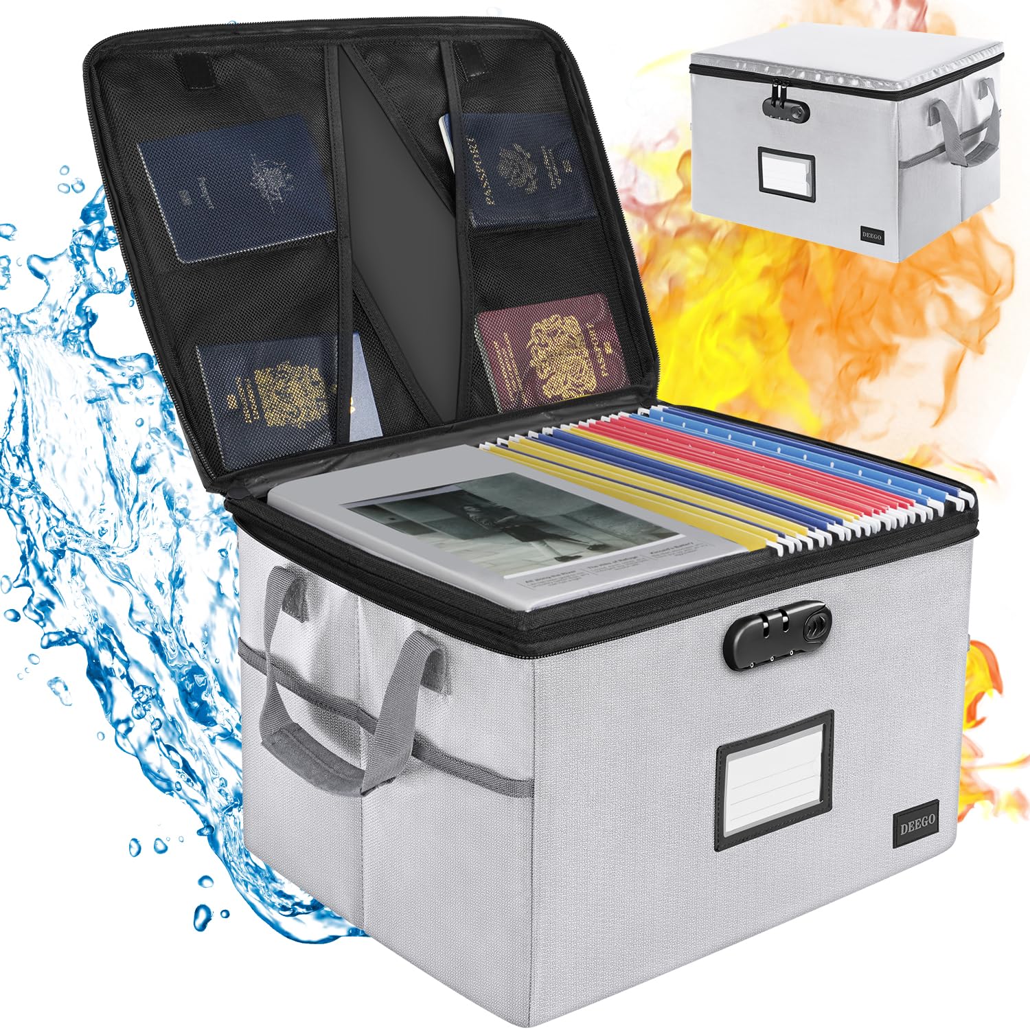 DEEGO Fireproof File Storage Organizer, Water-Resistant File Box with Lock