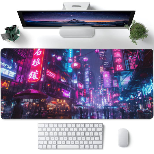 Desk Mat,Cyberpunk Neon City Large Gaming Mouse Pad for Desk XXL,Futuristic Night Street Desk