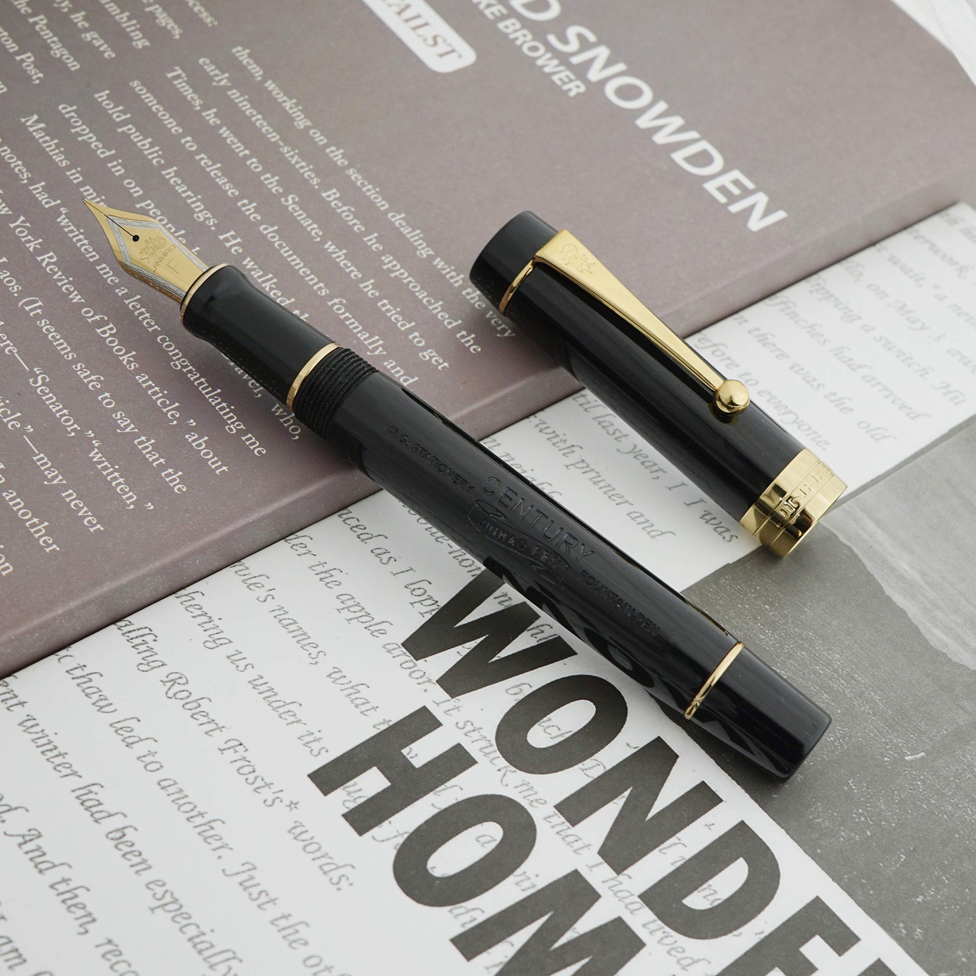 Classic Fountain Pen Vivid Black Celluloid with Jinhao Stamp, Medium Nib with Conveter and Pen Case
