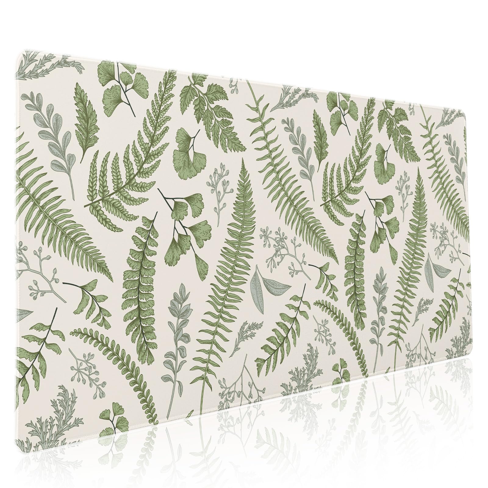 White Green Plant Flowers Mouse Pad XXL Tropical Fern Botanical Leaves Extended Desk Mat 90X40cm