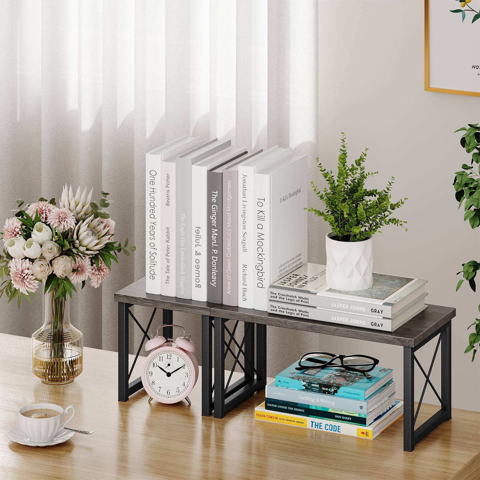 Honiter Desk Shelf for Top of Desk, Wood Desktop Shelf, 2 Tier Adjustable Bookshelf Organizer