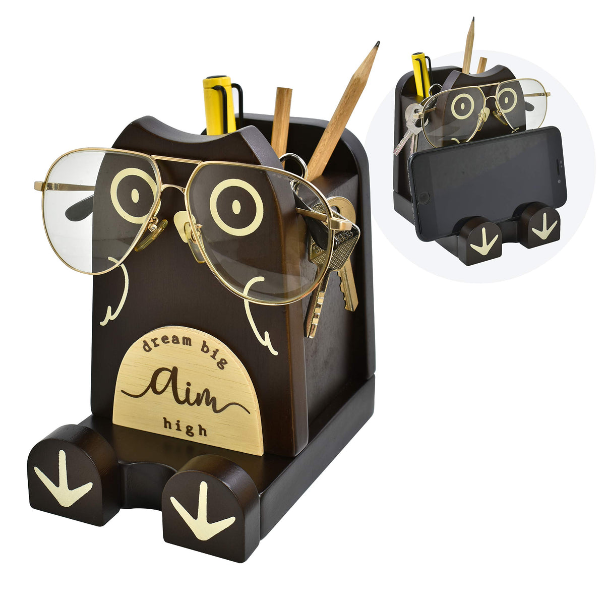 I'm Wood Multipurpose Eyeglass Phone Pen & Pencil Holder Stand Stationery Desk Box Organizer