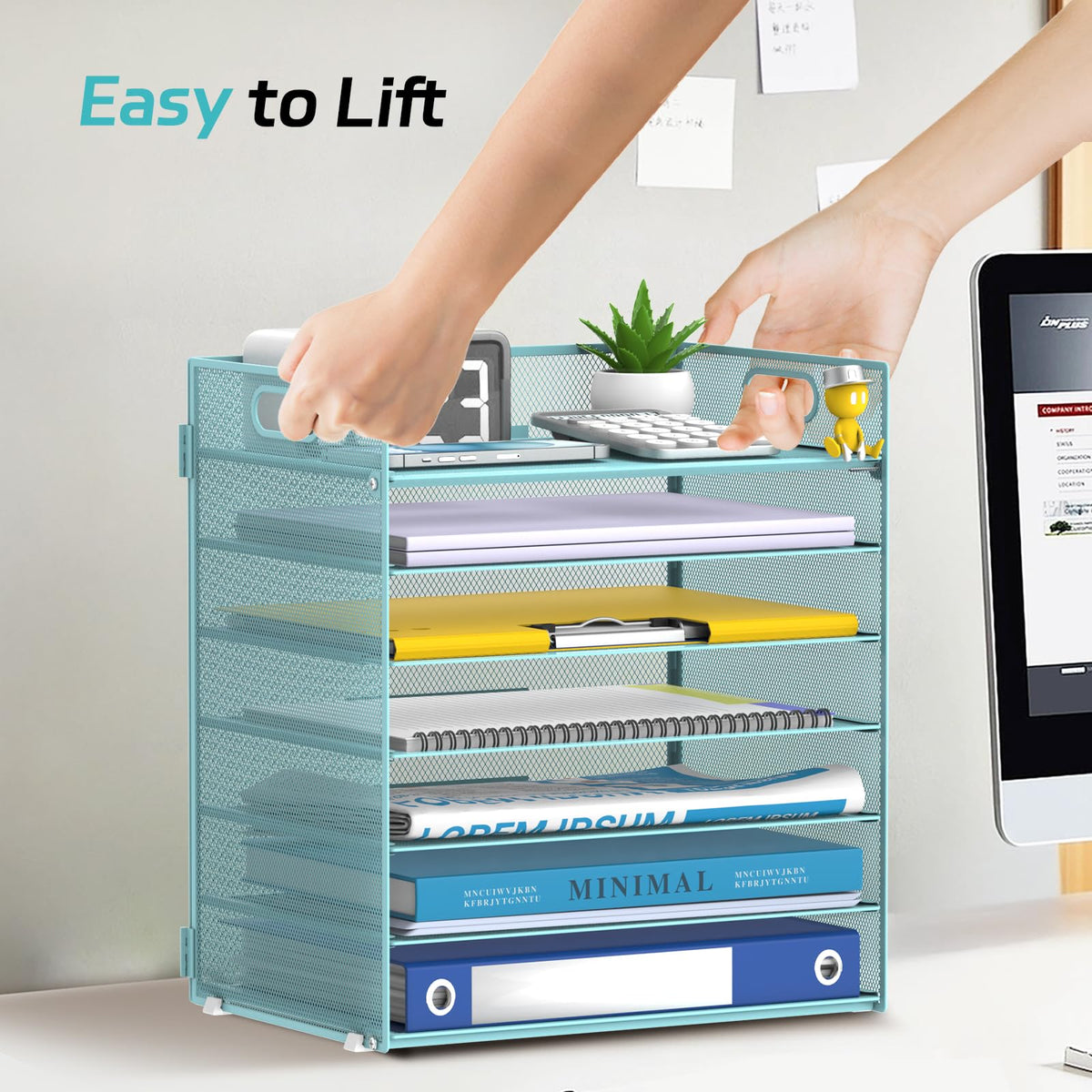 ReePlan 7 Tier Paper Organizer for Desk with Letter Trays & Handle Blue