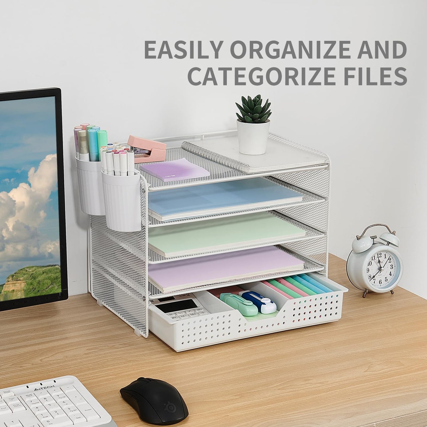 LEKETREE Desk Organizer and Accessories, 5-Tier Paper Letter Tray Organizer with Drawer & 2 Pen
