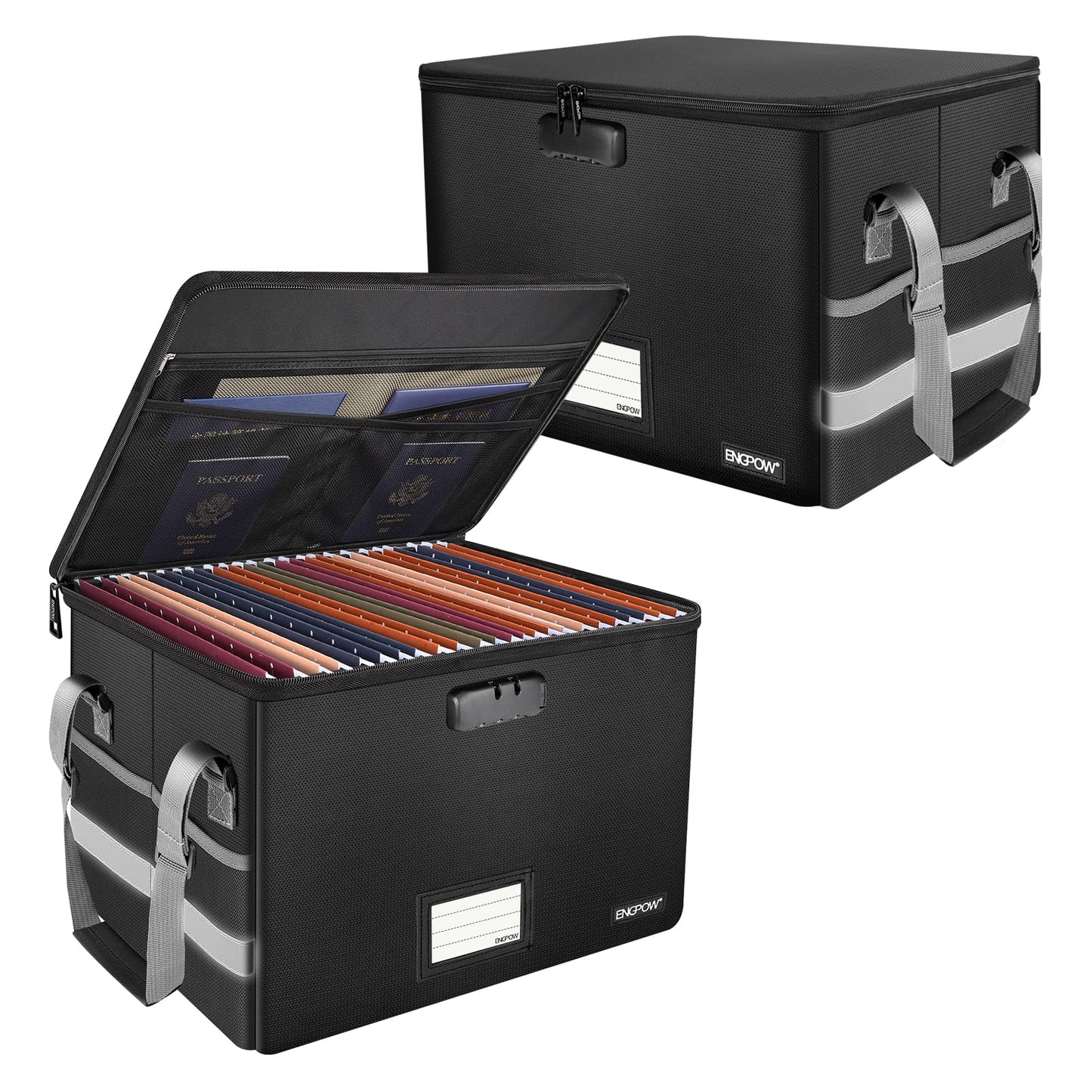 ENGPOW File Box with Lock, Fireproof Document Box with Pockets, Collapsible File Organizer Filing