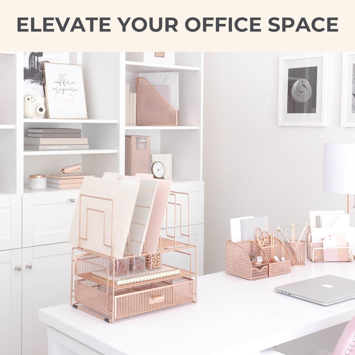 BLU MONACO | Rose Gold Desk Organizer with Drawer | Metal Desk Organizer with File Sorters and