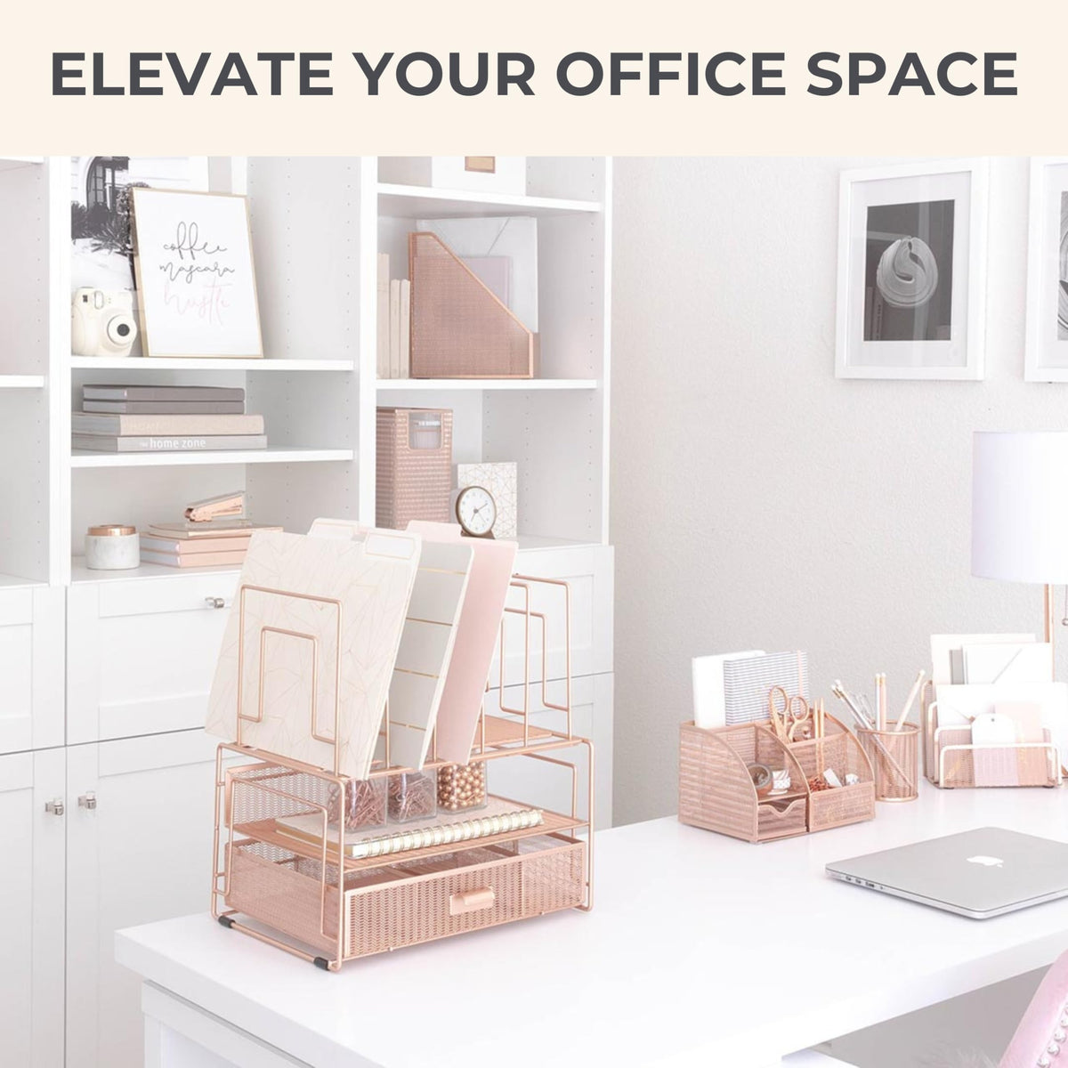 BLU MONACO | Rose Gold Desk Organizer with Drawer | Metal Desk Organizer with File Sorters and