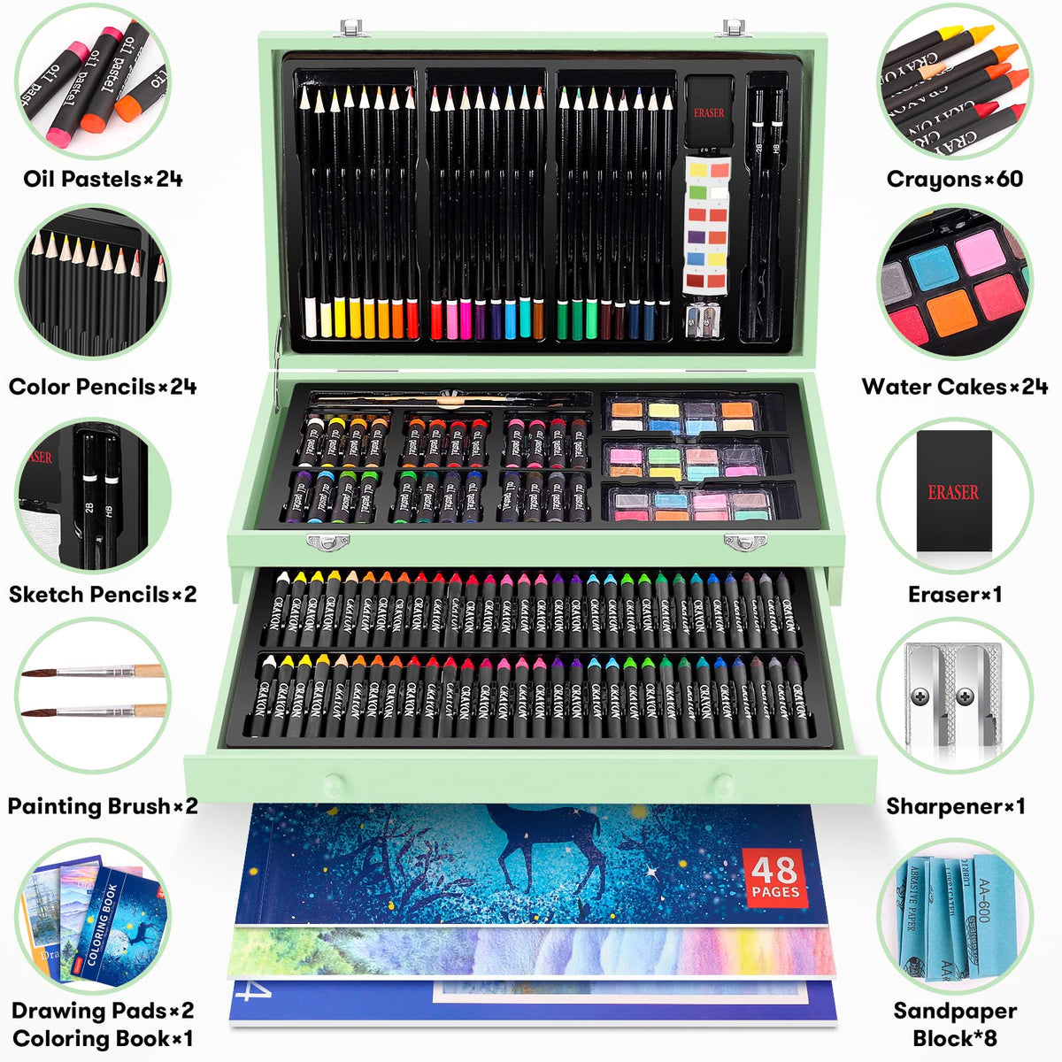 iBayam Art Supplies, 150-Pack Deluxe Wooden Art Set Drawing Painting Kit