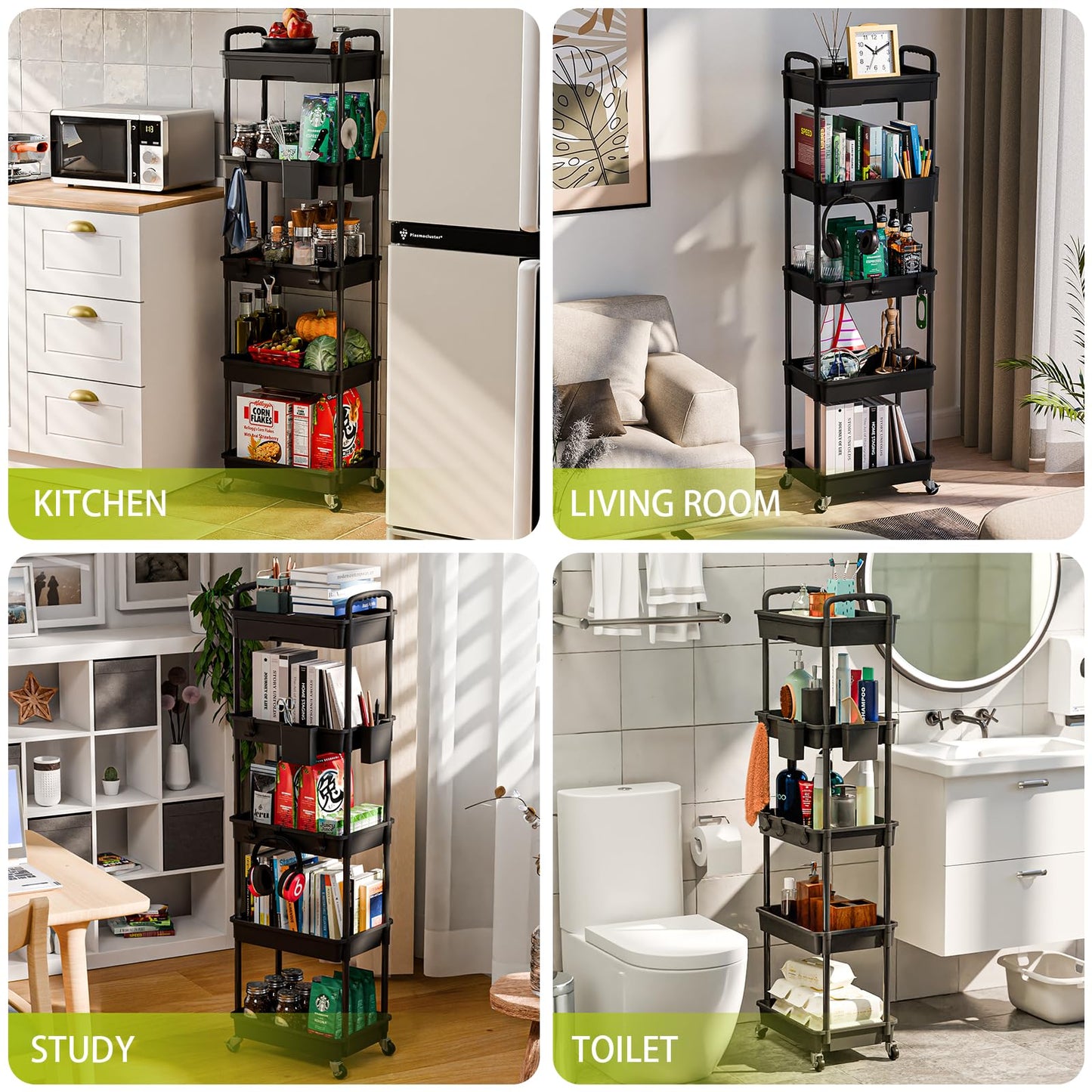 Sorgion 5 Tier Rolling Cart Organizer,Bathroom Cart Organizers with Wheels Laundry Room