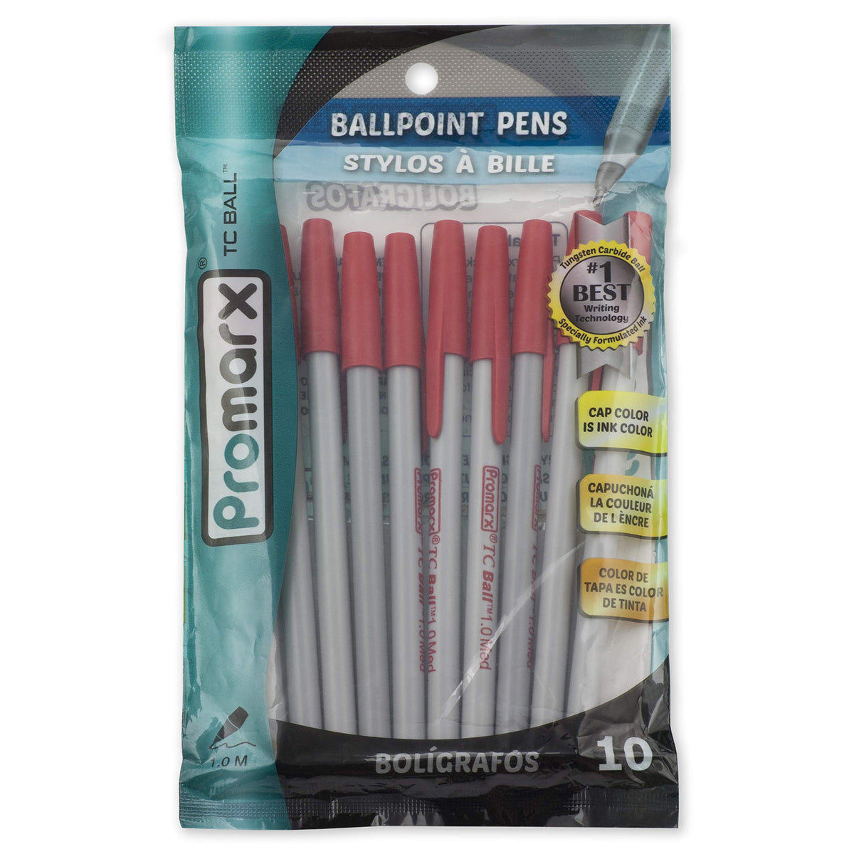 Promarx TC Ball Stick Pens, Medium Point, Red Ink, 10 count