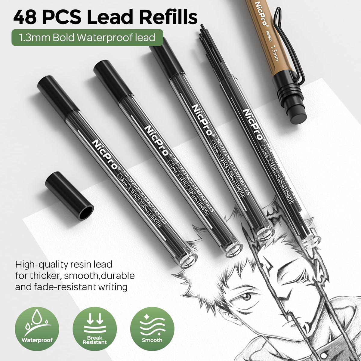 Nicpro 1.3 mm Mechanical Pencils Set 3 Colors, HD1000 1.3 Lead Pencil, 3Pcs