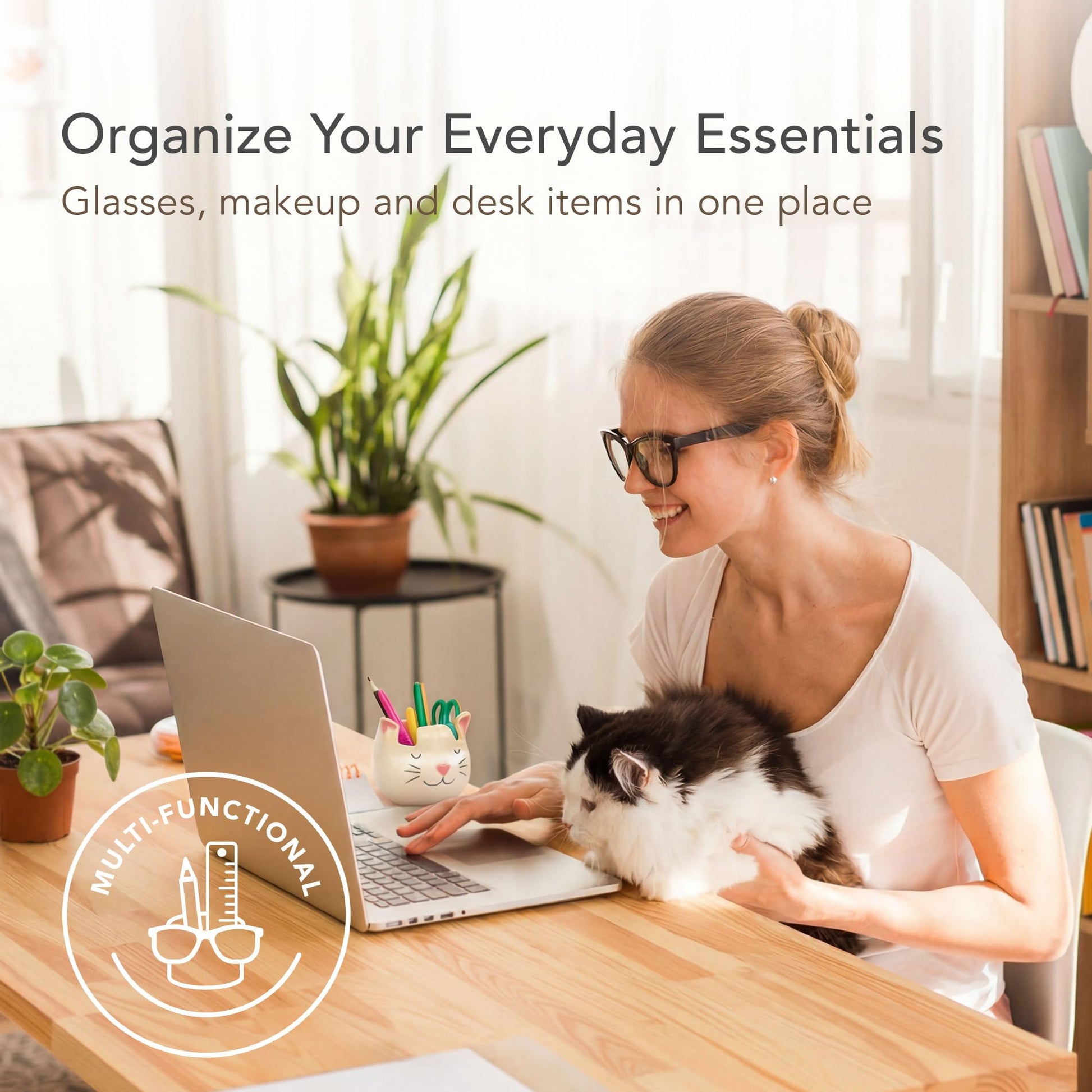Luvberries White Cat Eyewear Holder, Multi-Purpose Accessories for Makeup and Stationery, Compact