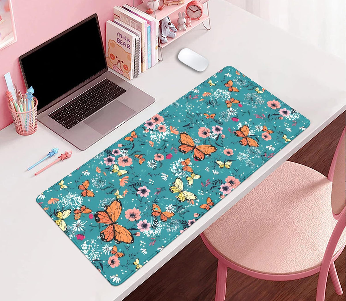 Colorful Butterflies and Flowers Extended Desk Pad Mouse Pad,Stitched Edges Non-Slip Rubber Base XL
