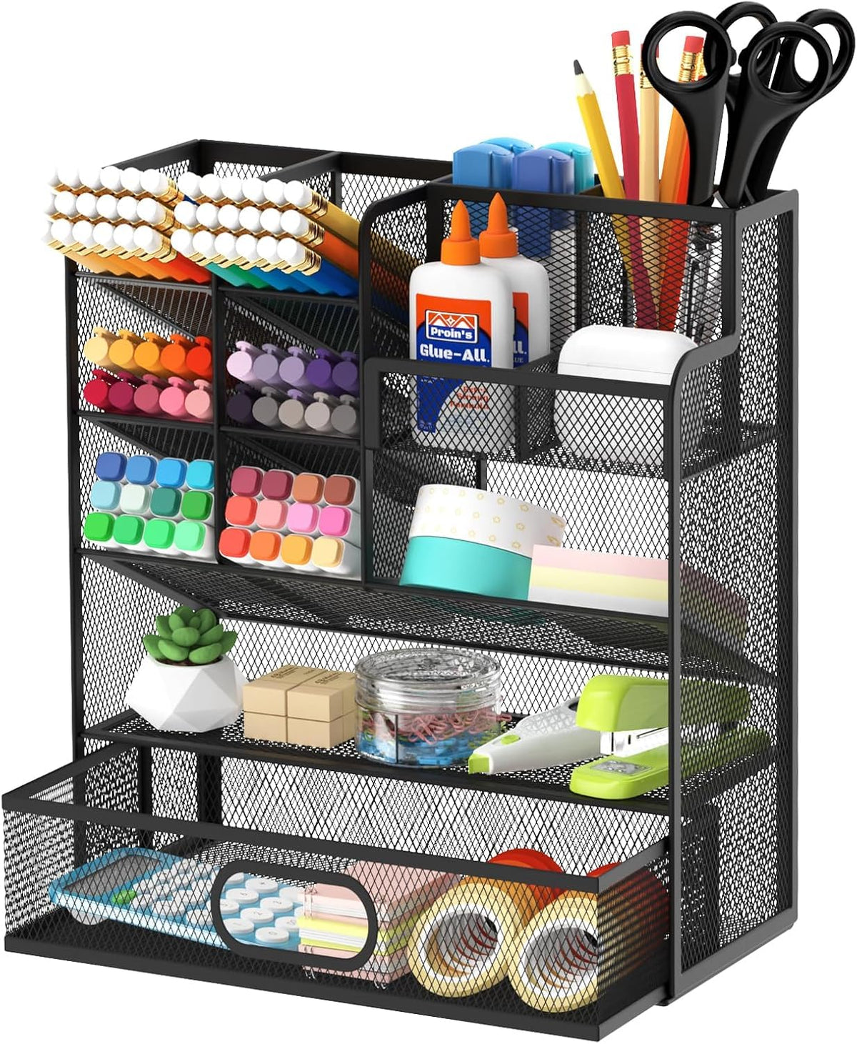 ReePlan Mesh Pen Organizer for Desk, 13 Compartments with Drawer, Black