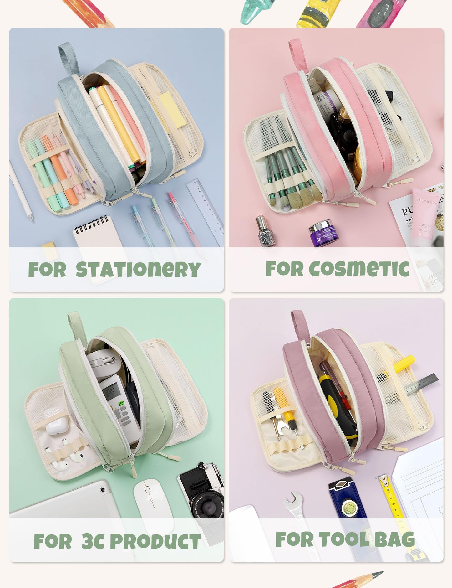 SUNEE Cute Pencil Case, Aesthetic Pen Pouch with 3 Compartments, Kawaii Colored Large Pencil Bag
