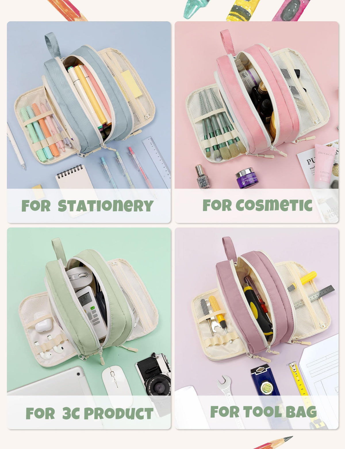 SUNEE Cute Pencil Case, Aesthetic Pen Pouch with 3 Compartments, Kawaii Colored Large Pencil Bag