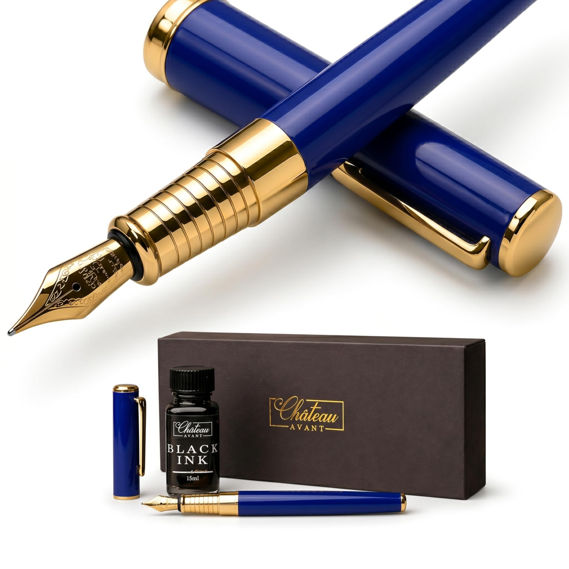 Château Avant Fountain Pen Set | Refillable Blue Fountain Pen with Black Ink Bottle, Fine Nib, and