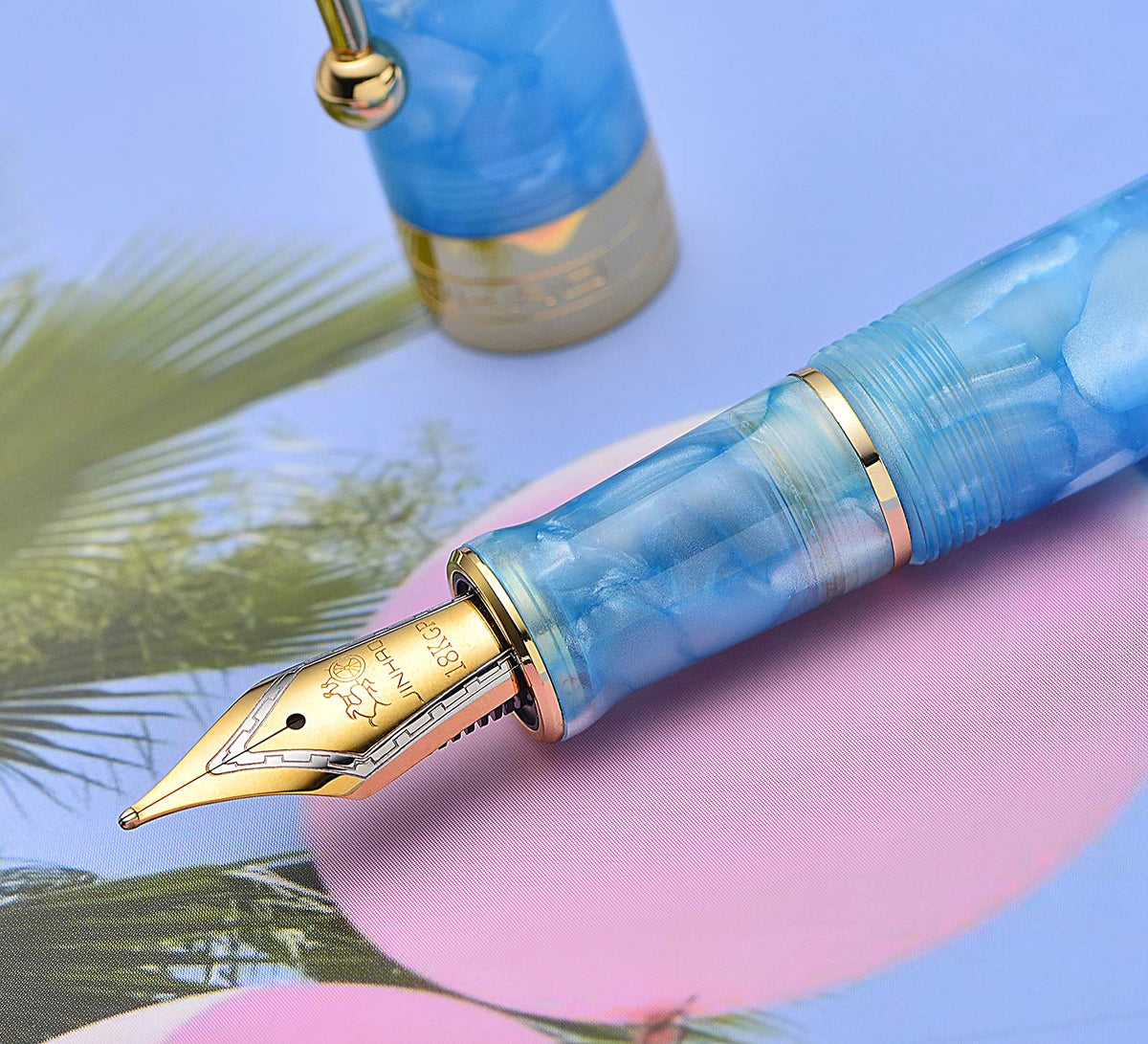 Jinhao 100 Classic Fountain Pen Sky Blue Celluloid Gold Trim, Medium Nib with Converter and Pen