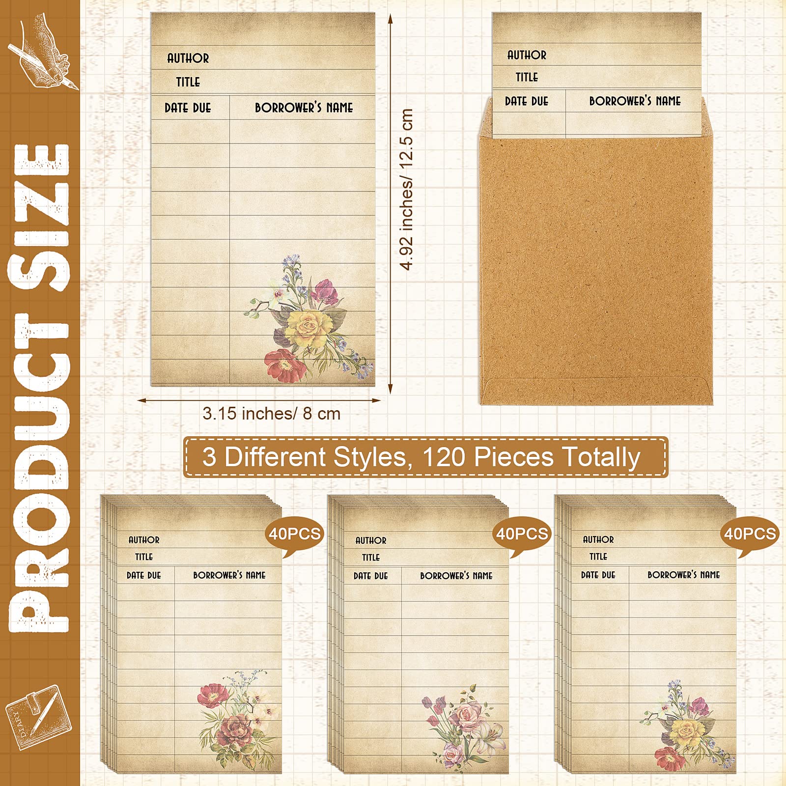 Roowest 120 Pack Library Card Pockets Library Checkout Index Cards, Flowers
