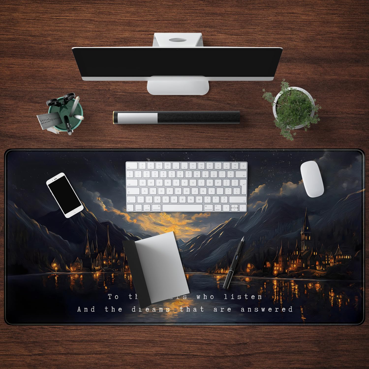 Starry Night Mountain Desk Pad Mat Moon Oil Painting XXL Black Mouse Pad for Gaming Deskpad