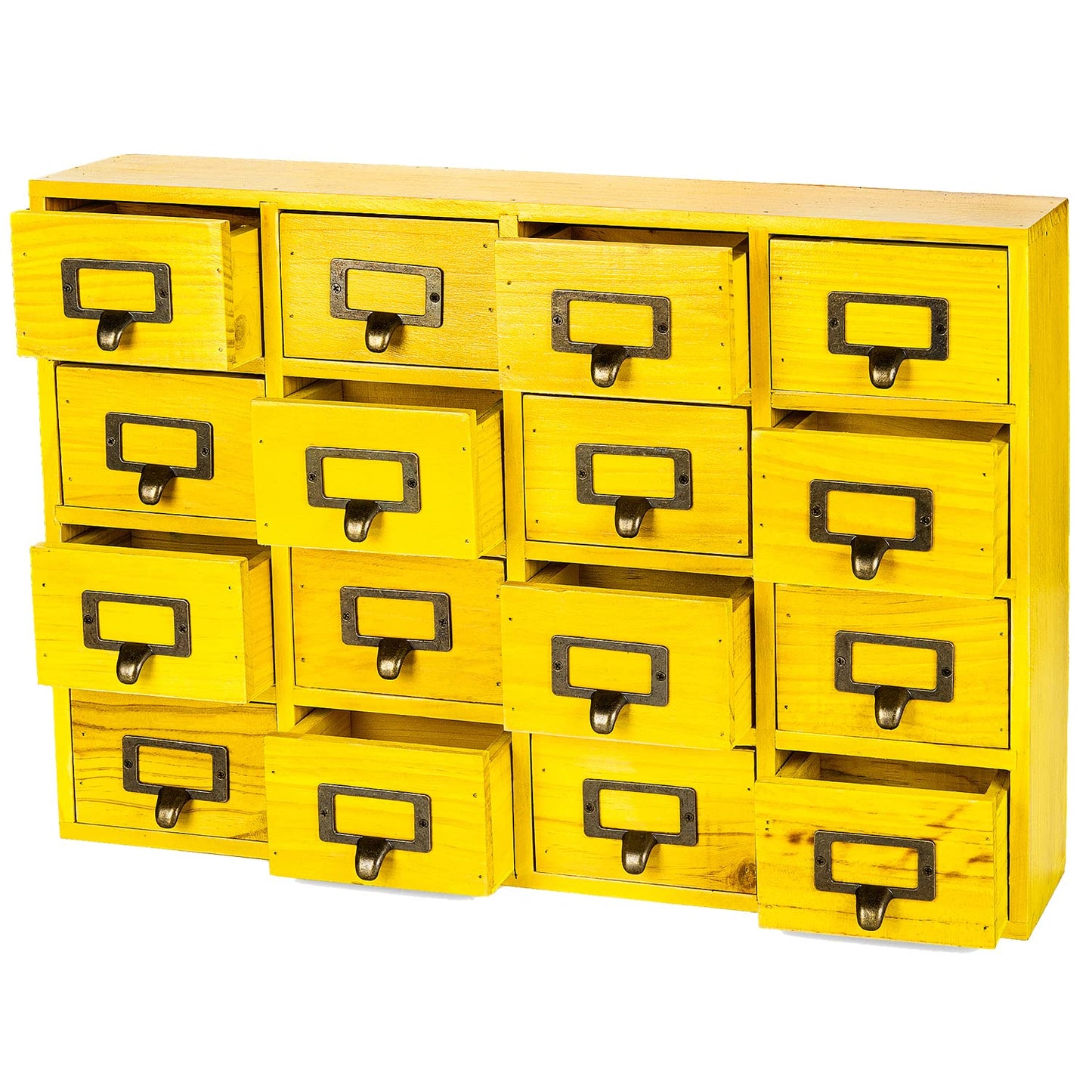 Yellow 16-Slot Wooden Drawer Unit - Country Style Desk Organizer - 20"x3.6”x14” Wooden Storage Box
