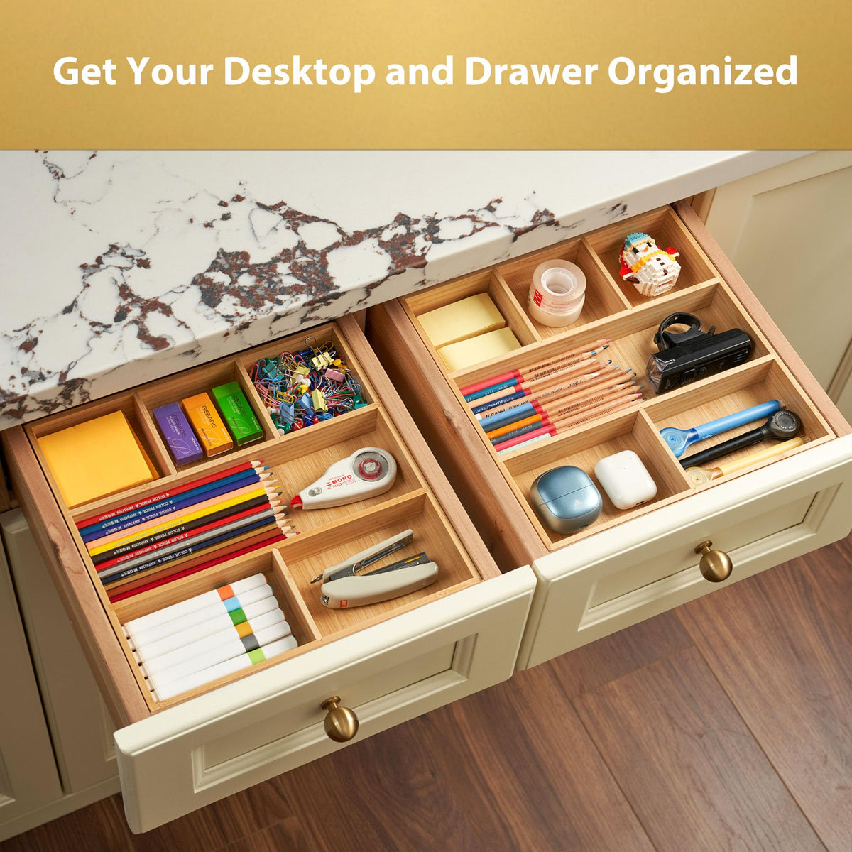 Umilife Bamboo Desk Drawer Organizer, Wood Office Junk Tray, 12"x12"