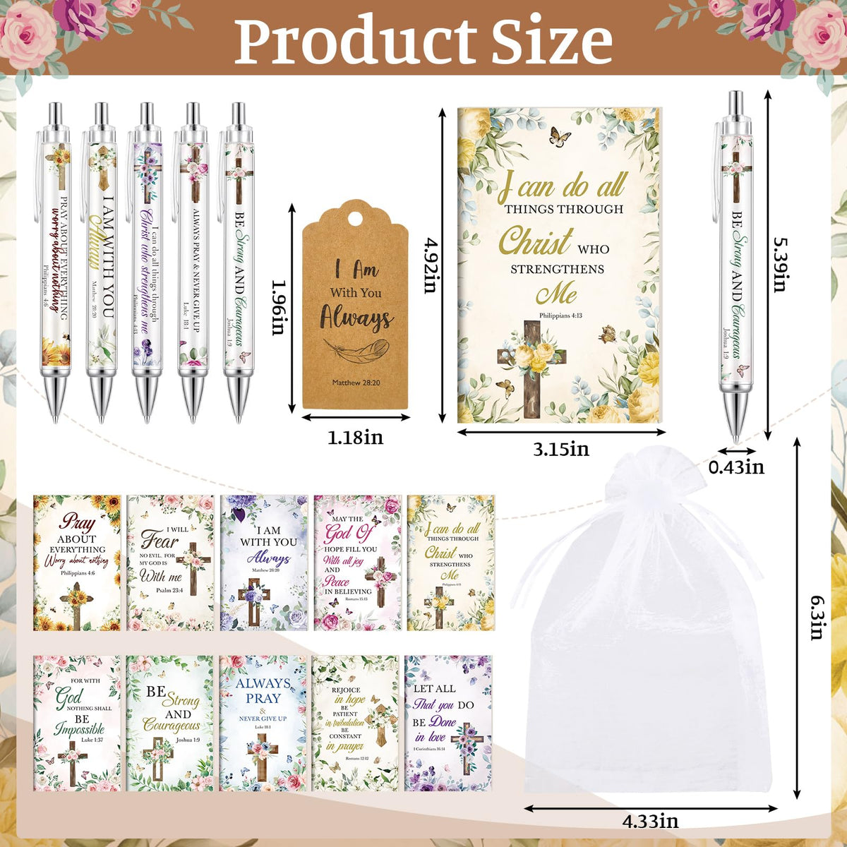 Qeeenar 200 Pcs Christian Gift Bulk Set Bible Verse, Colorful, Floral