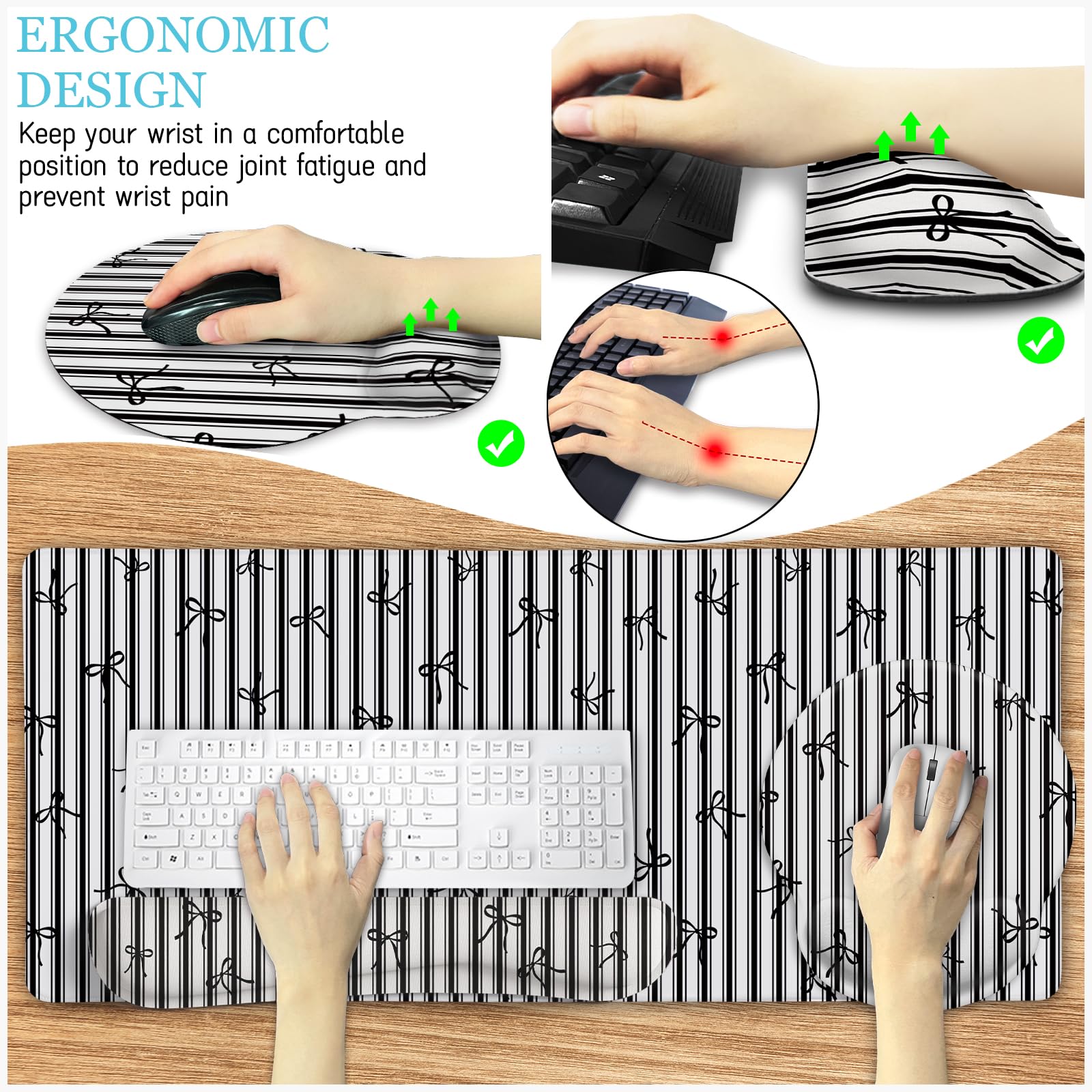 LIMKRIAN Black Striped Ergonomic Large Desk Mat Set with Wrist Rest