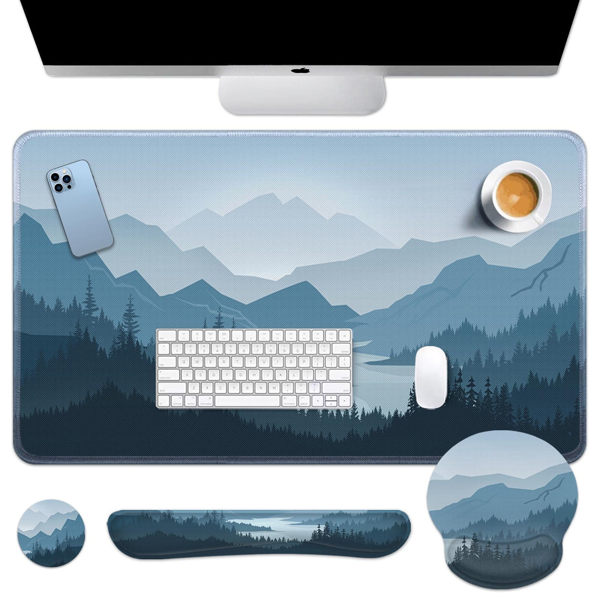 Arttown Keyboard Mouse Pad Set, 4 in 1 Desk Mat Set Mountains Blue