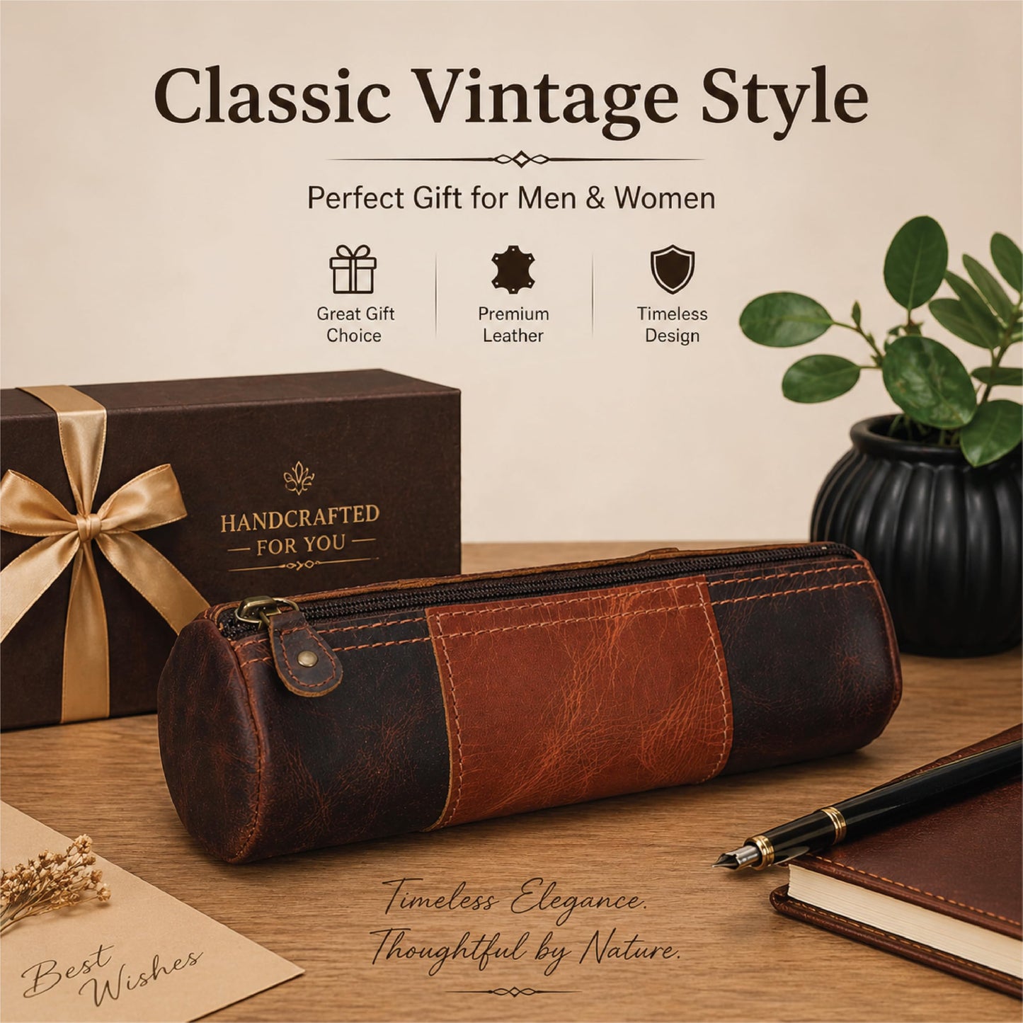 TheAntiq Genuine Leather Pencil Pouch, Handcrafted Zipper Organizer Case with Wrist Strap, Durable