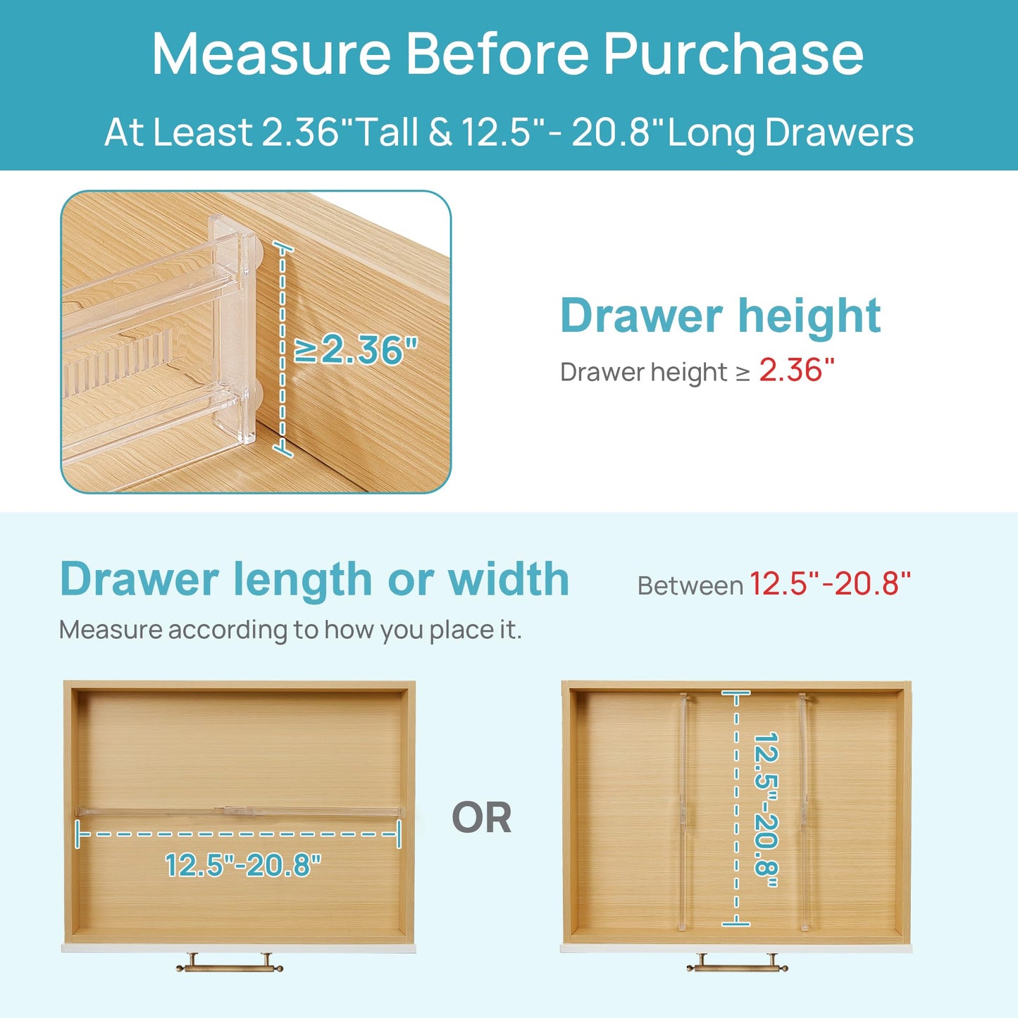 Vtopmart 4 Pack Shallow Drawer Dividers, 2.36" High 12.5"-20.8" Adjustable Expandable Kitchen