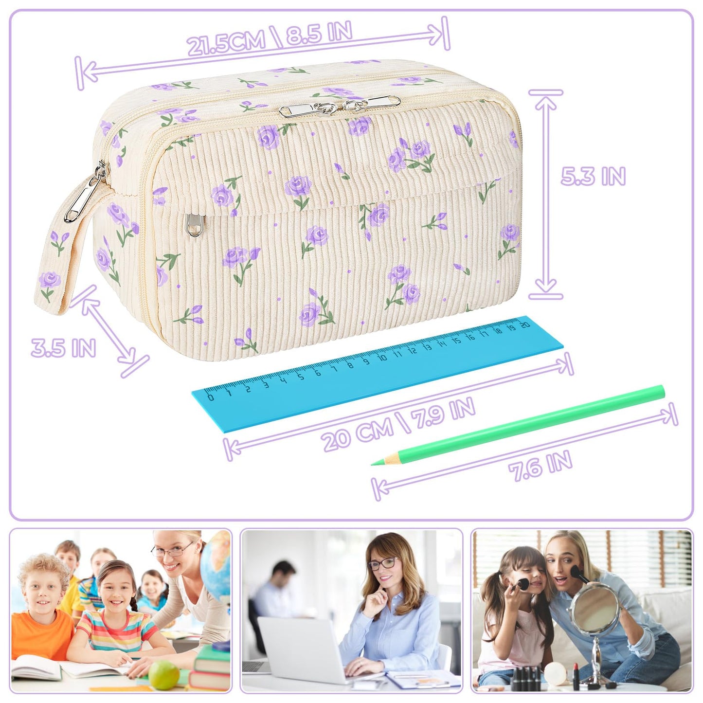 WOBAGMEN Cute Pencil Case,Large Corduroy Zippered Pencil Case Pouch, aesthetic Pencil Bag with