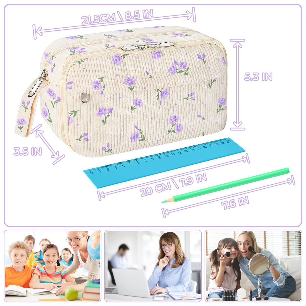 WOBAGMEN Cute Pencil Case,Large Corduroy Zippered Pencil Case Pouch, aesthetic Pencil Bag with