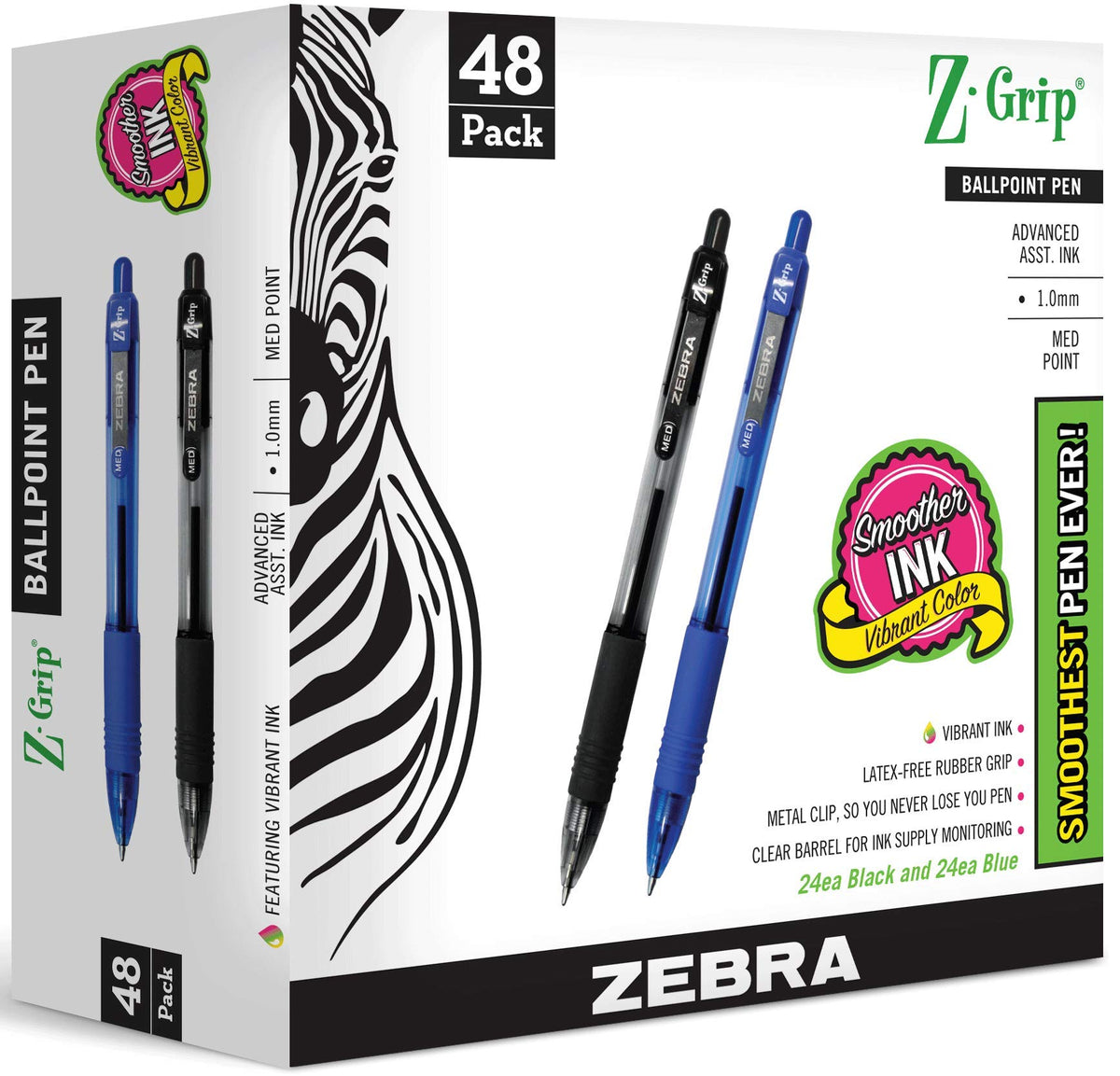 Zebra Pen Z-Grip Retractable Ballpoint Pen, Medium Point 1.0mm, 24 Black & 24 Blue Ink Pens, Bulk