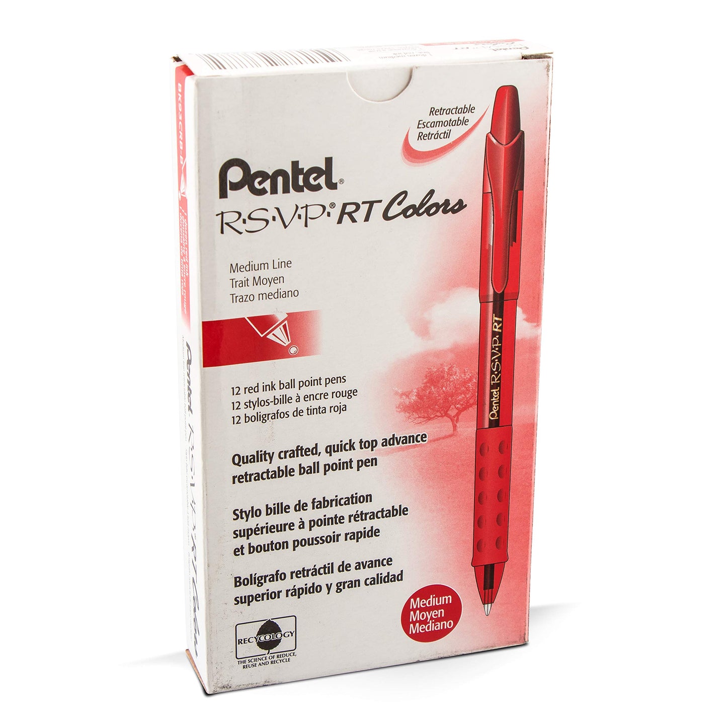 Pentel RSVP RT COLORS Retractable Ball Point Pen, Medium Line, Red Barrel, Red Ink, Box of 12